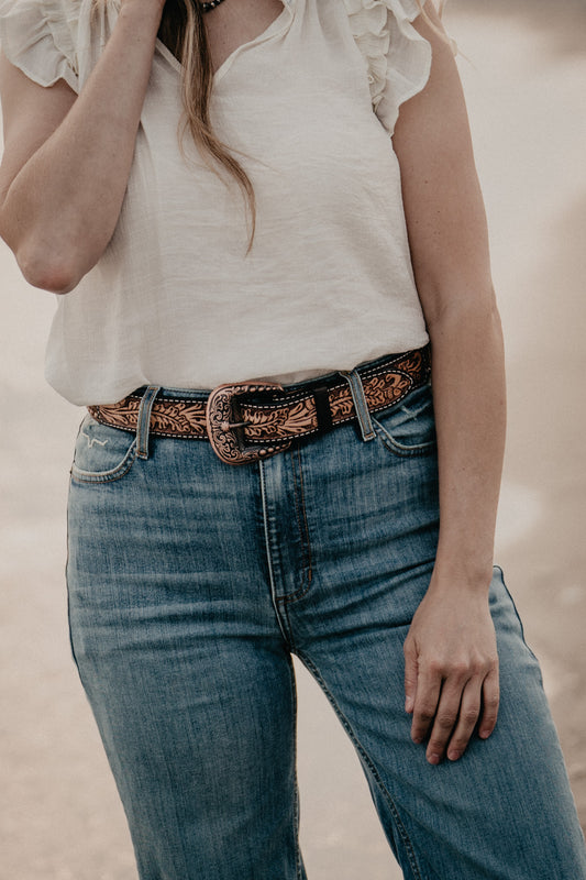 Hair-On Hide Belt with Floral Tooled Billets, Copper Buckle and Accents