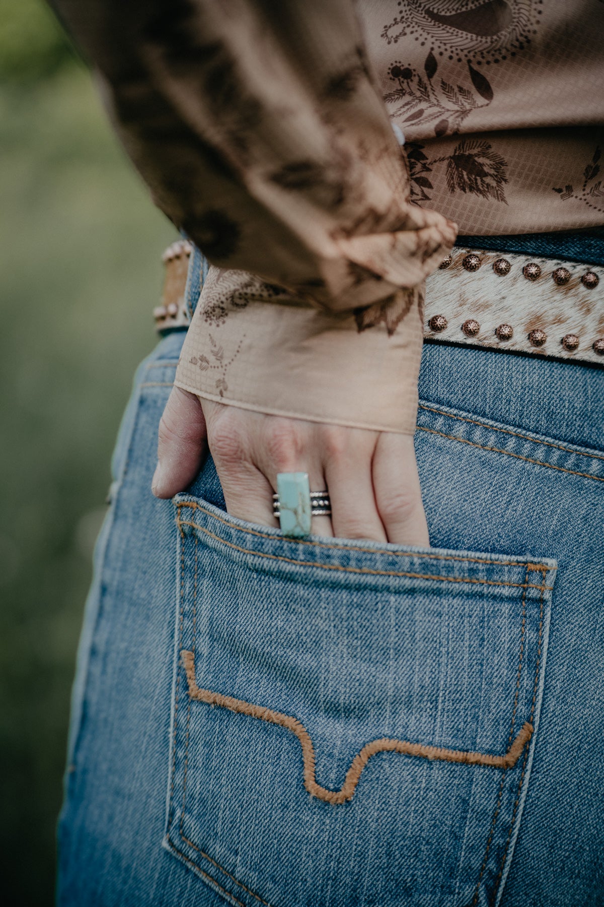 Oxidized Ball Stacker Ring with Rectangular Turquoise (Sized)