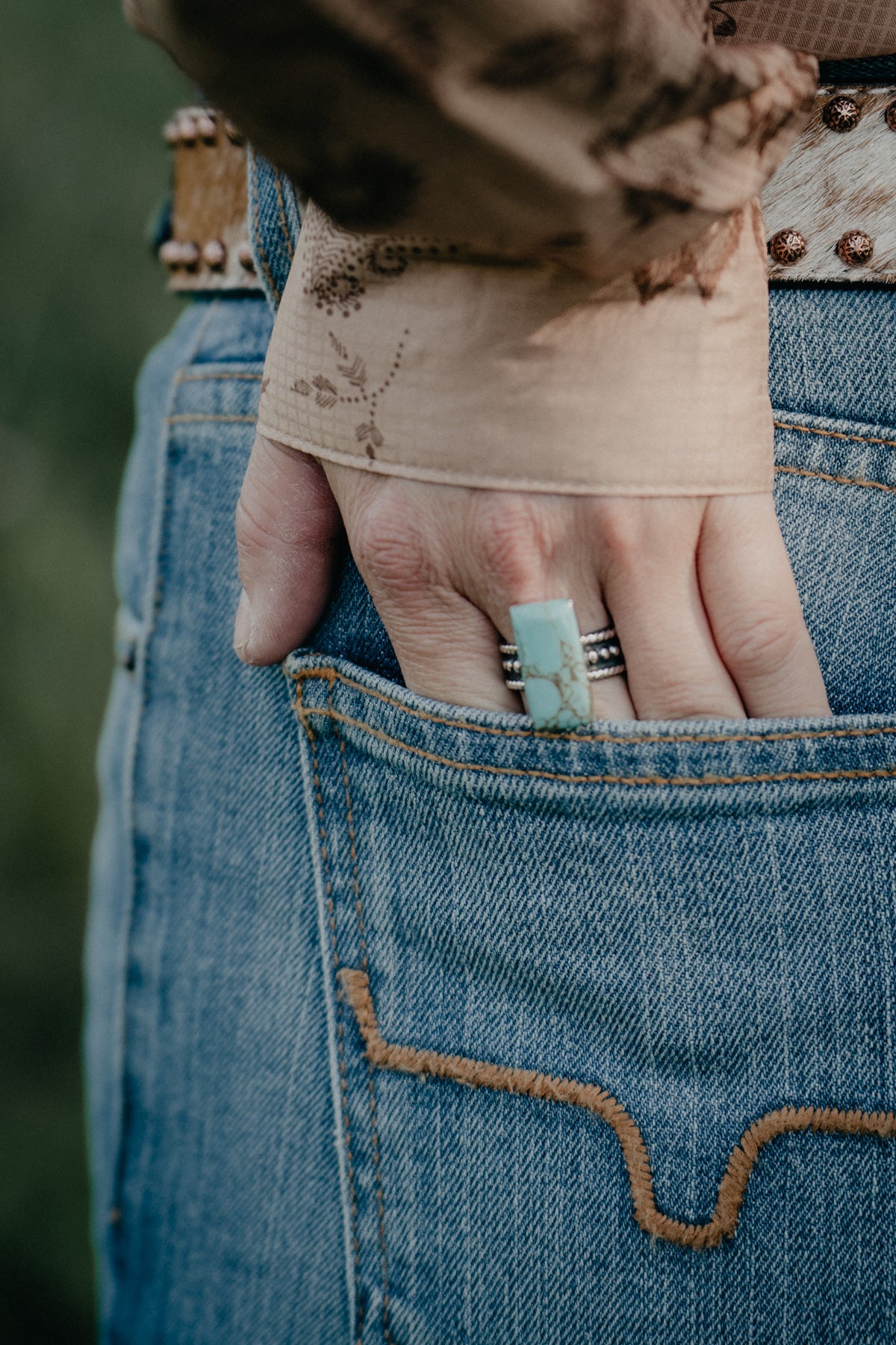 Oxidized Ball Stacker Ring with Rectangular Turquoise (Sized)