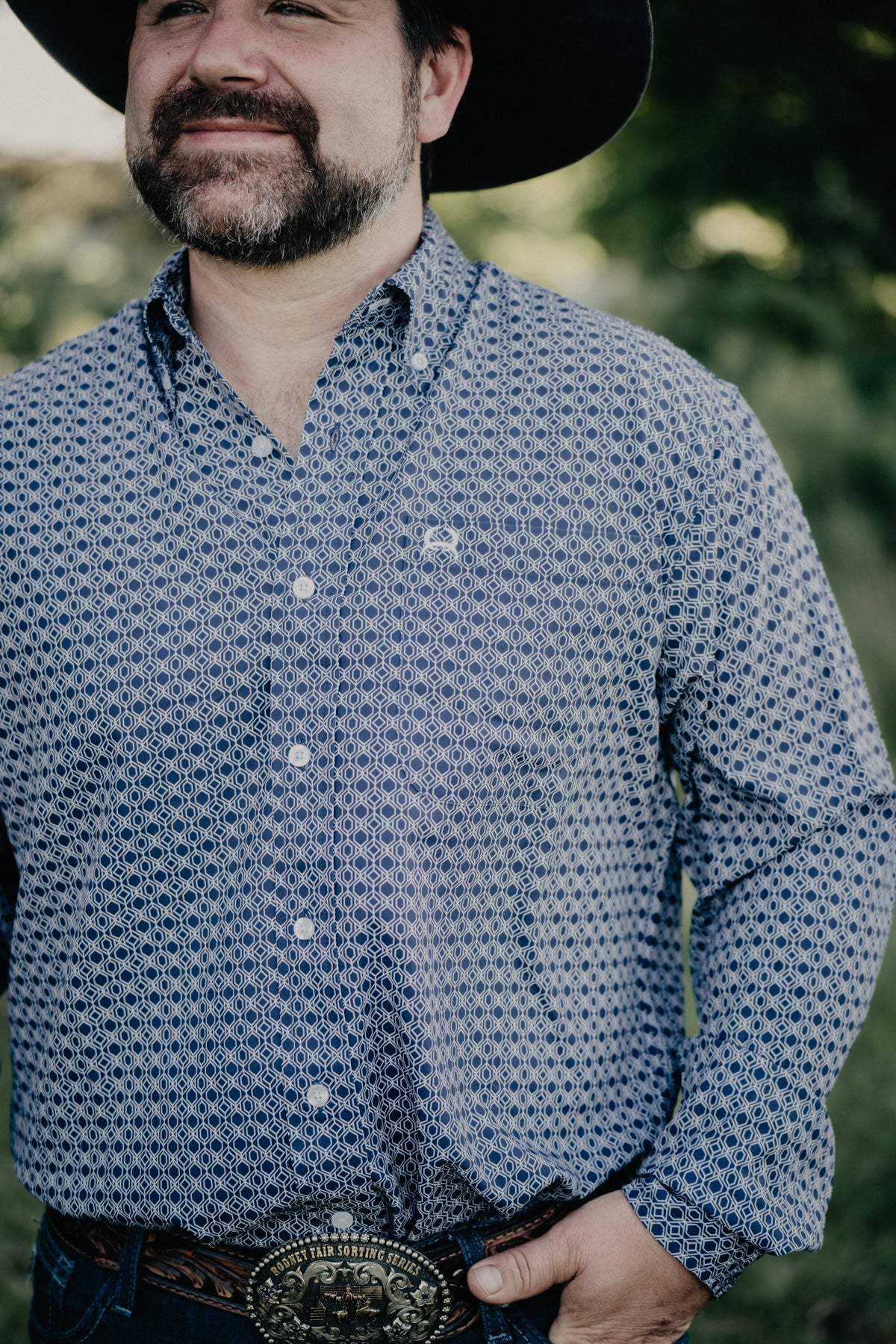 CINCH Men's Navy Geometric Arenaflex Long Sleeve Button Western Shirt