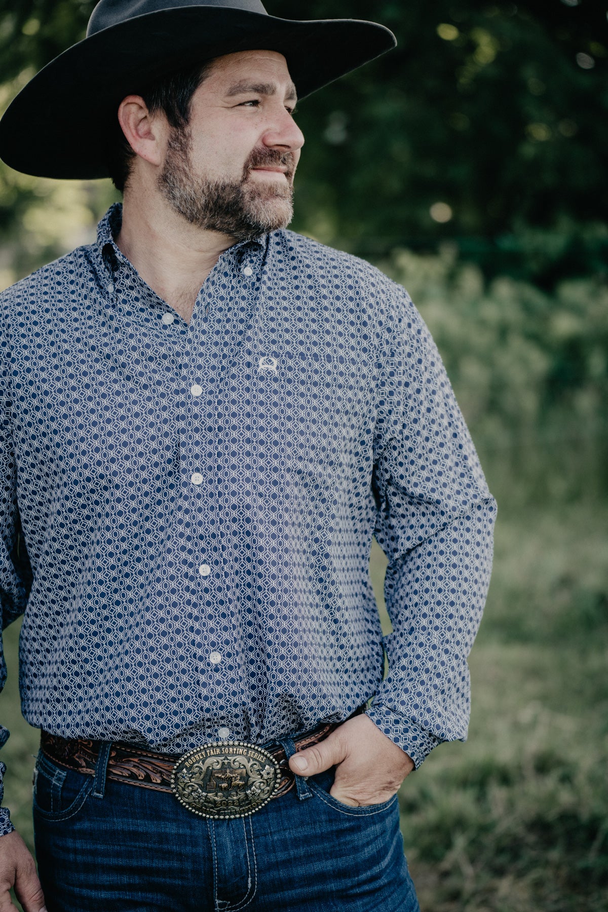 CINCH Men's Navy Geometric Arenaflex Long Sleeve Button Western Shirt