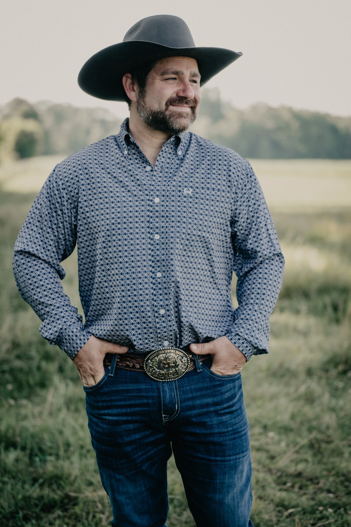 CINCH Men's Navy Geometric Arenaflex Long Sleeve Button Western Shirt