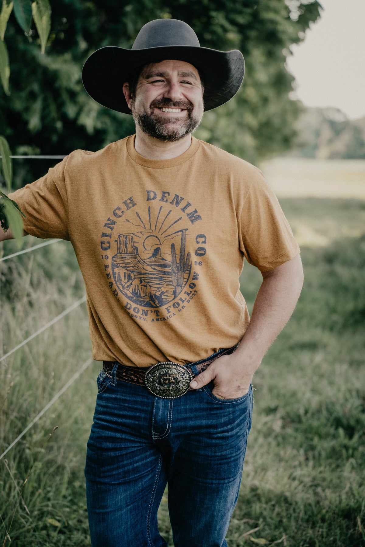 'Lead Don't Follow' Men's CINCH Gold T-Shirt with Desert Scene