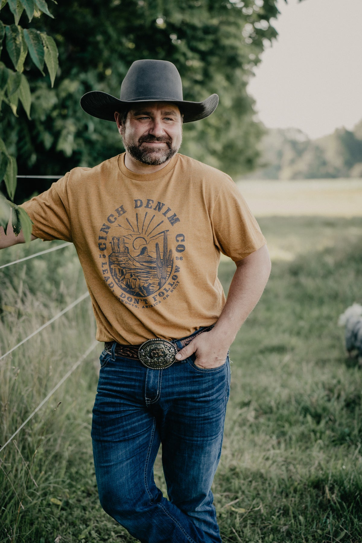 'Lead Don't Follow' Men's CINCH Gold T-Shirt with Desert Scene