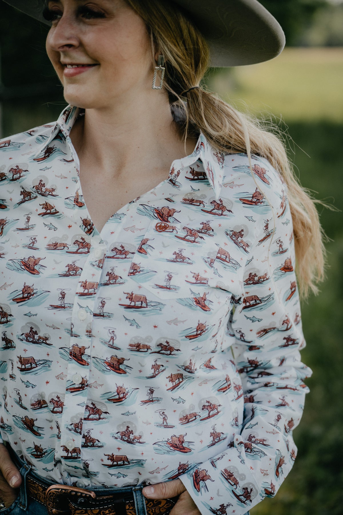 'Surfing Longhorn' Women's Ariat X Aloha Printed Kirby Shirt (XS - XXL)