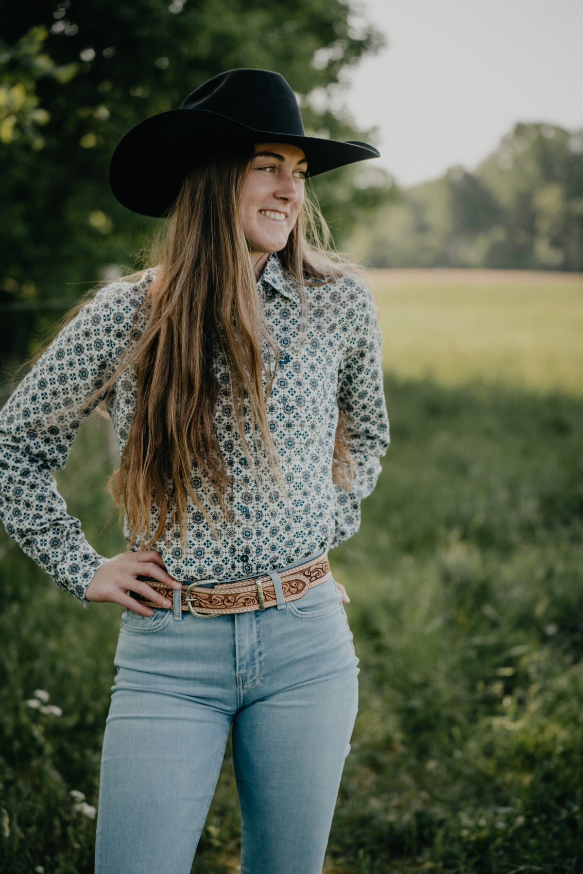 Women's CINCH Blue & Green Geometric Button Up (XS - XXL)