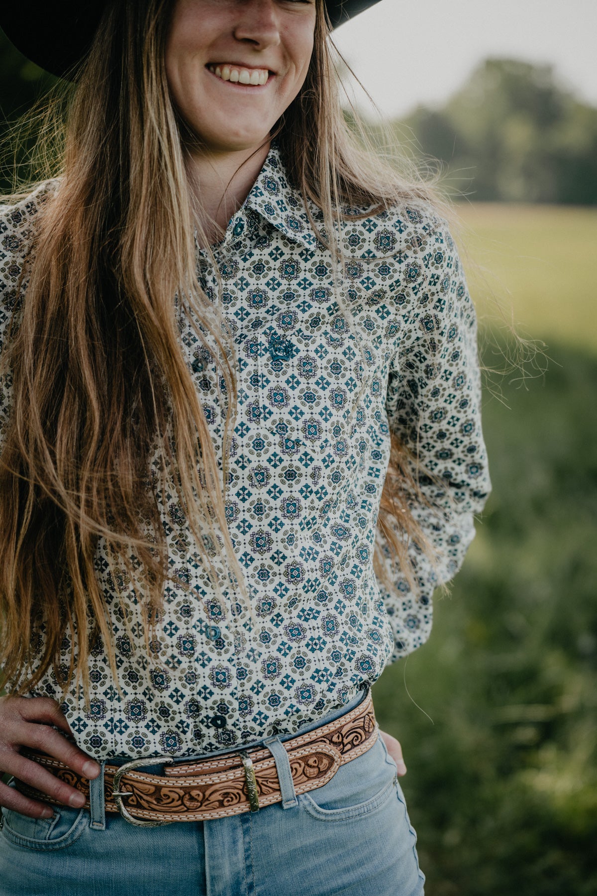 Women's CINCH Blue & Green Geometric Button Up (XS - XXL)