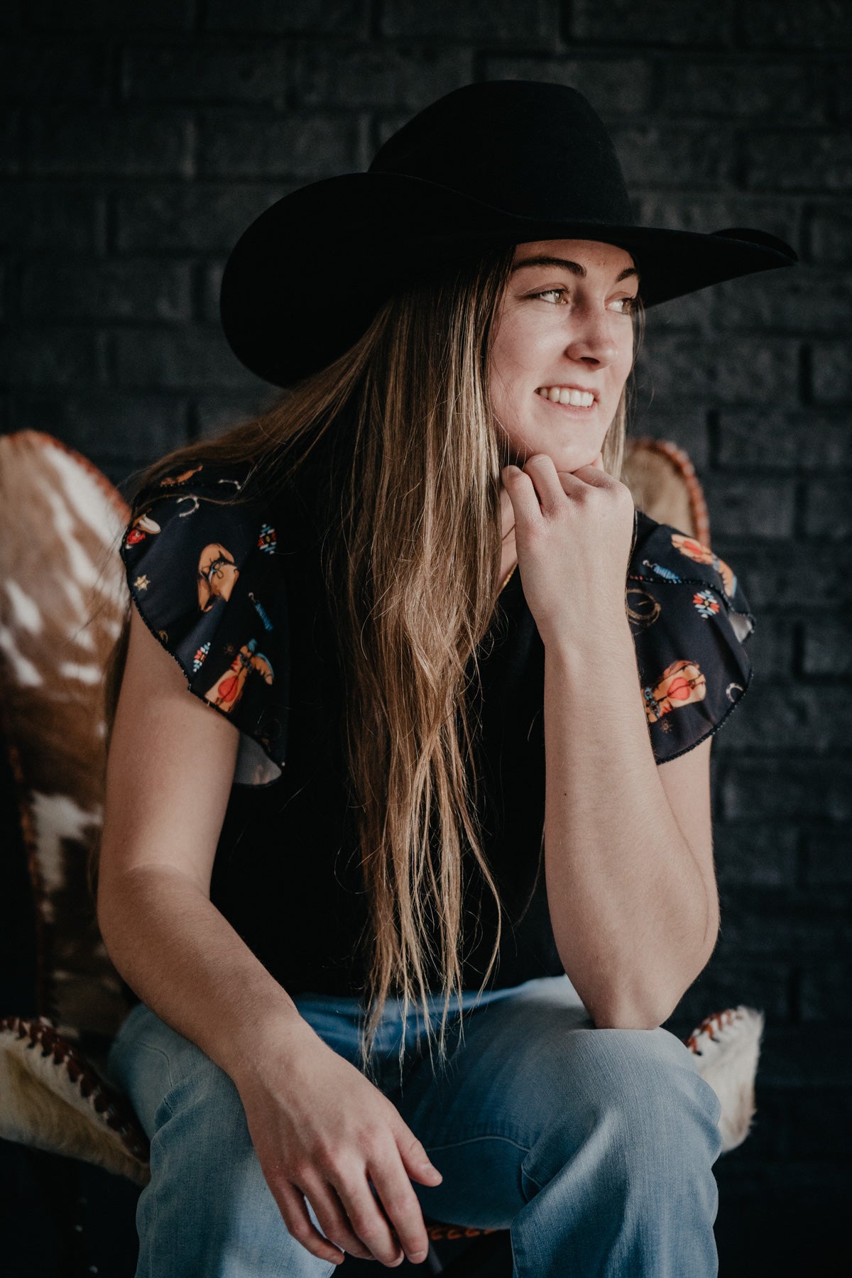 'Leighton' Cowboy Print Ruffle Short Sleeve Top (1 XL Only)