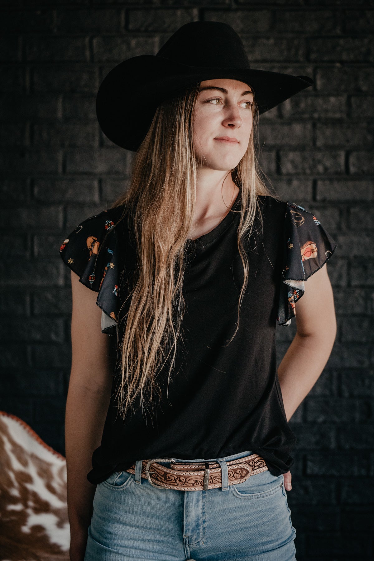 'Leighton' Cowboy Print Ruffle Short Sleeve Top (1 XL Only)