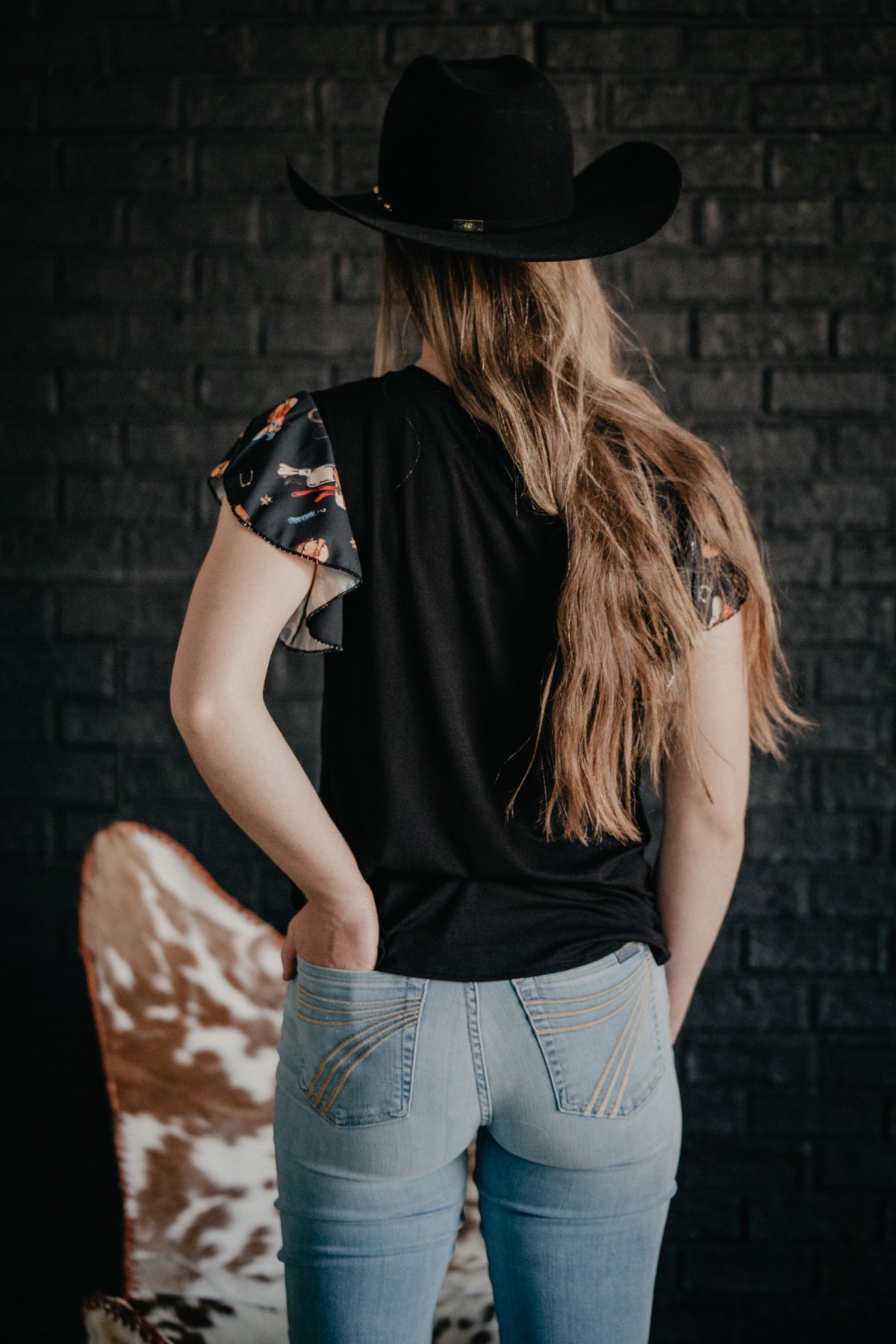 'Leighton' Cowboy Print Ruffle Short Sleeve Top (1 XL Only)