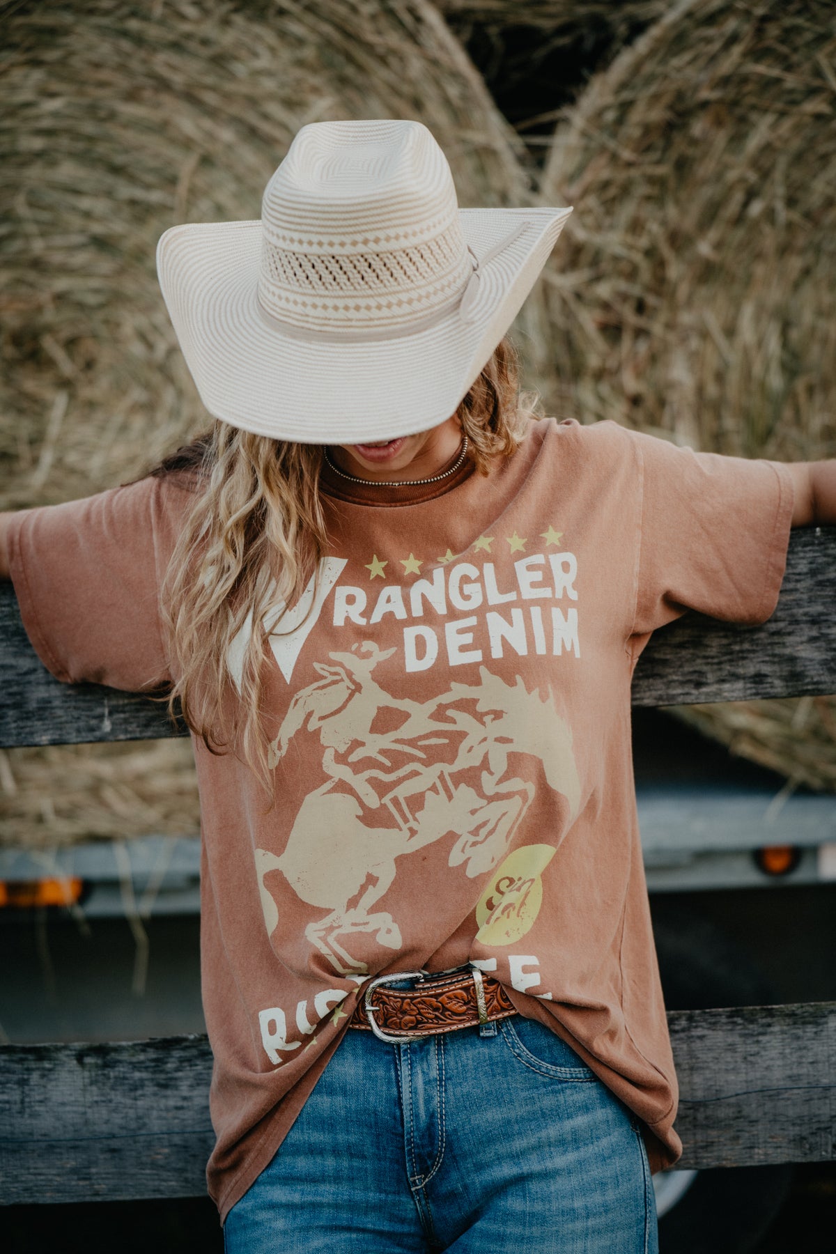 'Ride Free' Wrangler Women's Burnt Orange Oversized Tee (S & M Only)