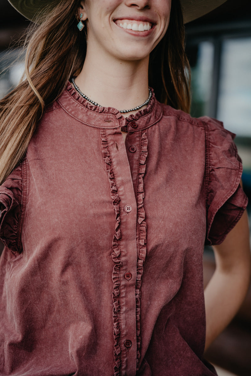 'Terri' Washed Ruffle Flutter Sleeve Blouse (S-L)