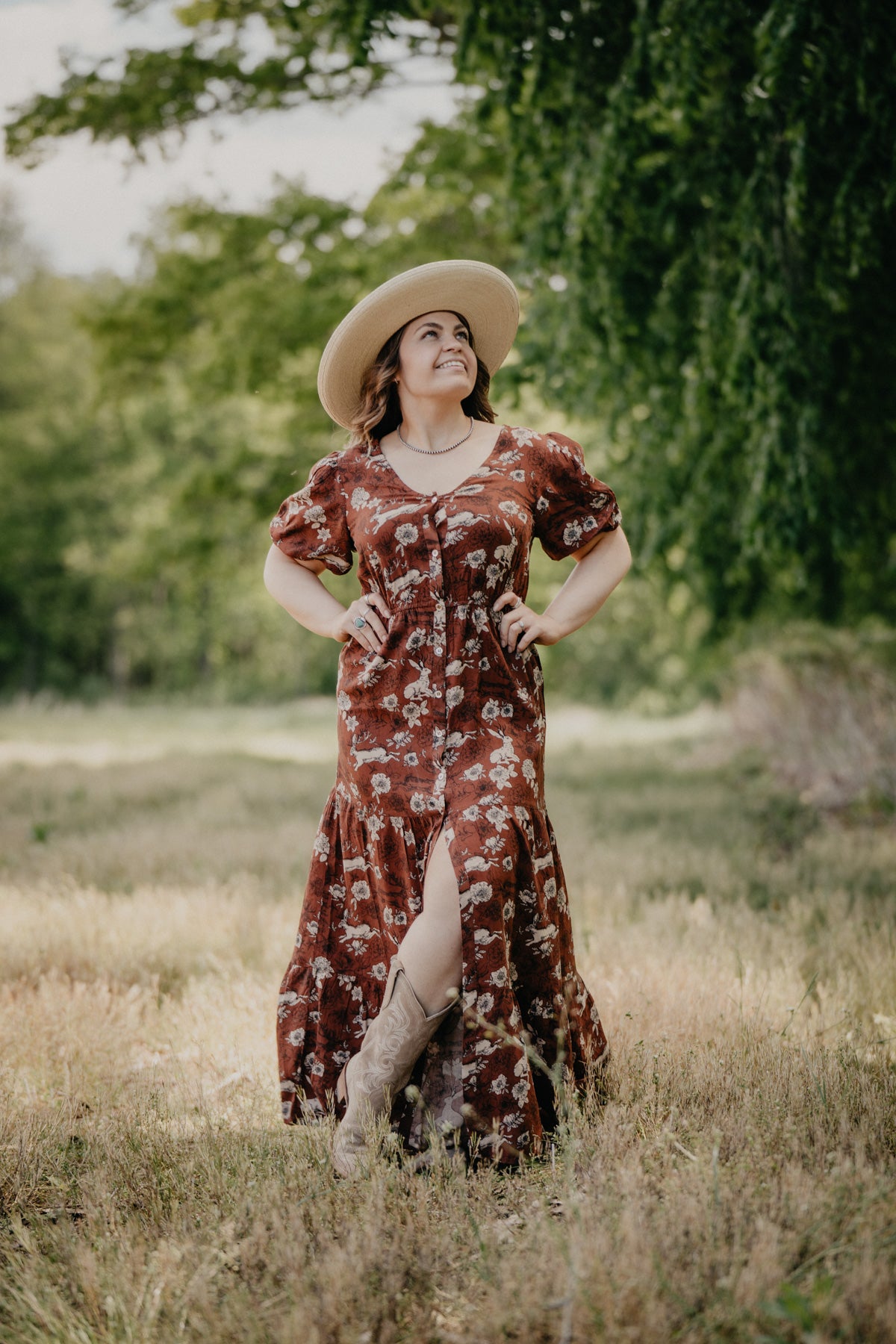 'Lennon' Jackalope & Floral Printed Rust Maxi Dress (S-XL)