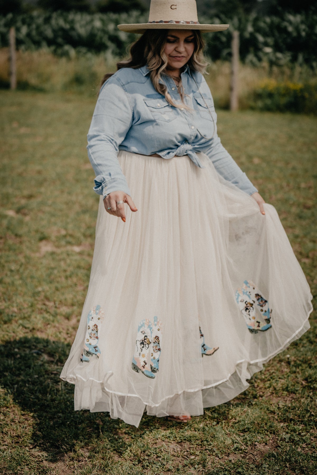 'Gaia' Cream Tulle Maxi Skirt with Sequin Boot Detail (S - L)