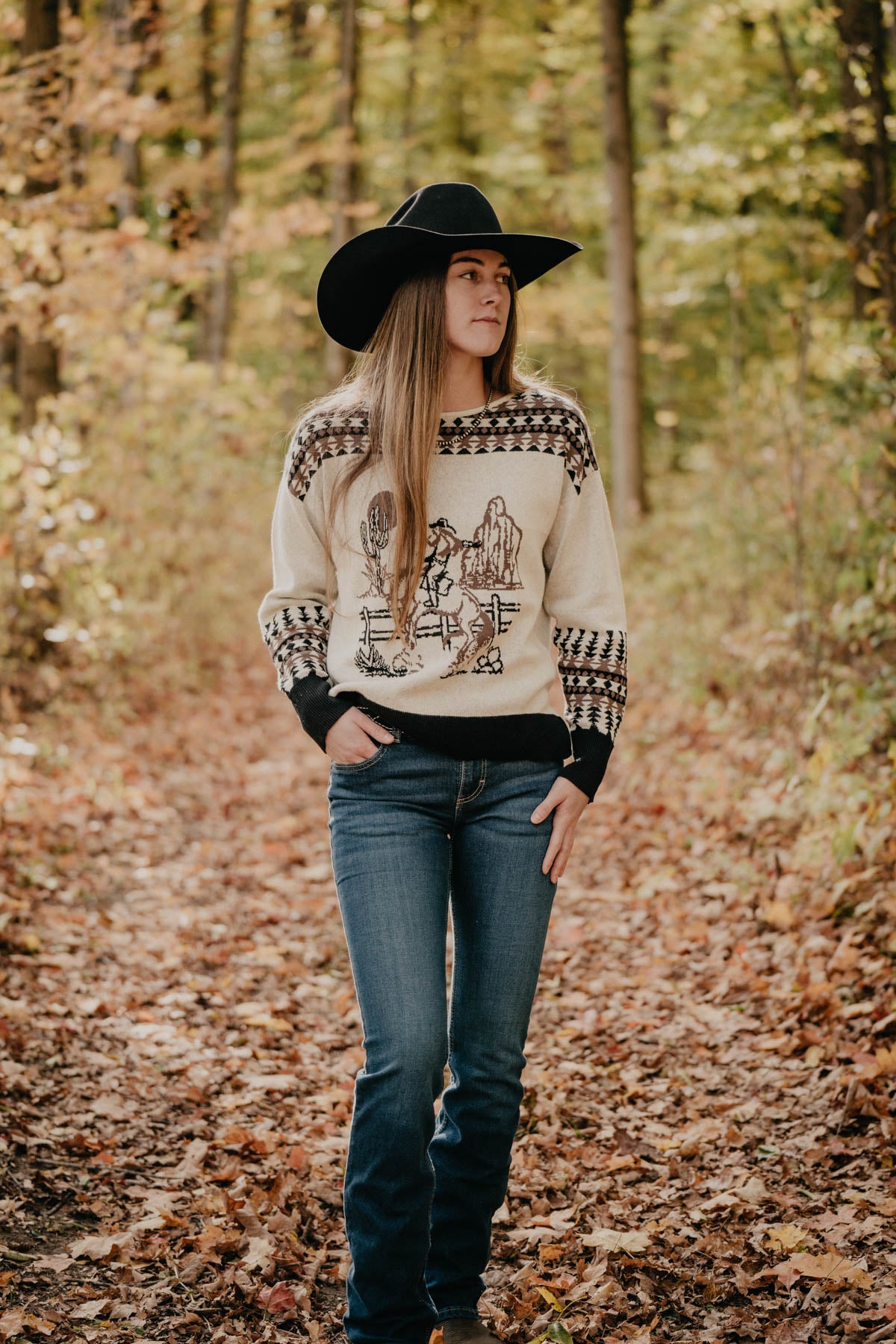 'Three Bars' Vintage Cowgirl Black & Ivory Sweater (S - XXL)