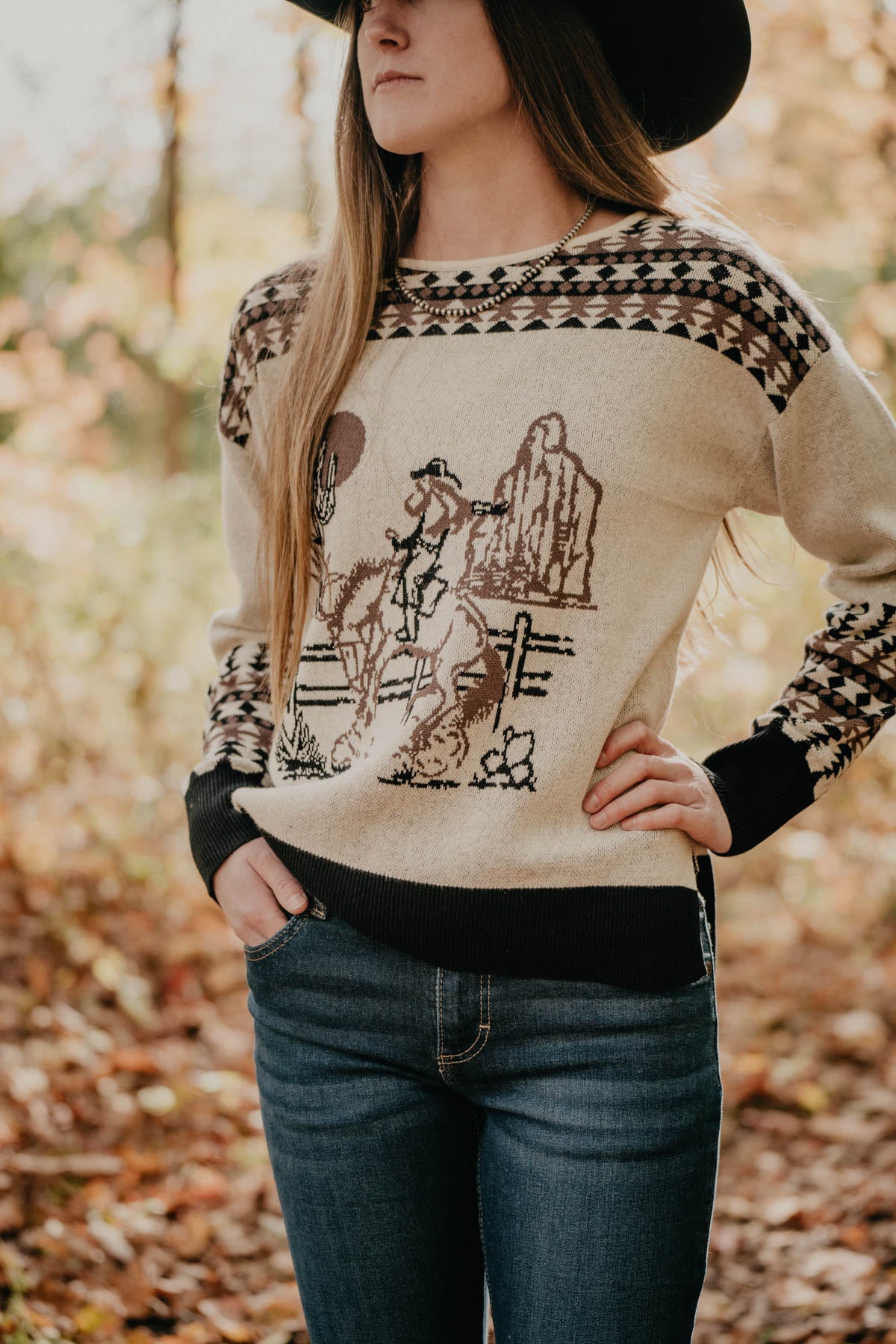 'Three Bars' Vintage Cowgirl Black & Ivory Sweater (S - XXL)