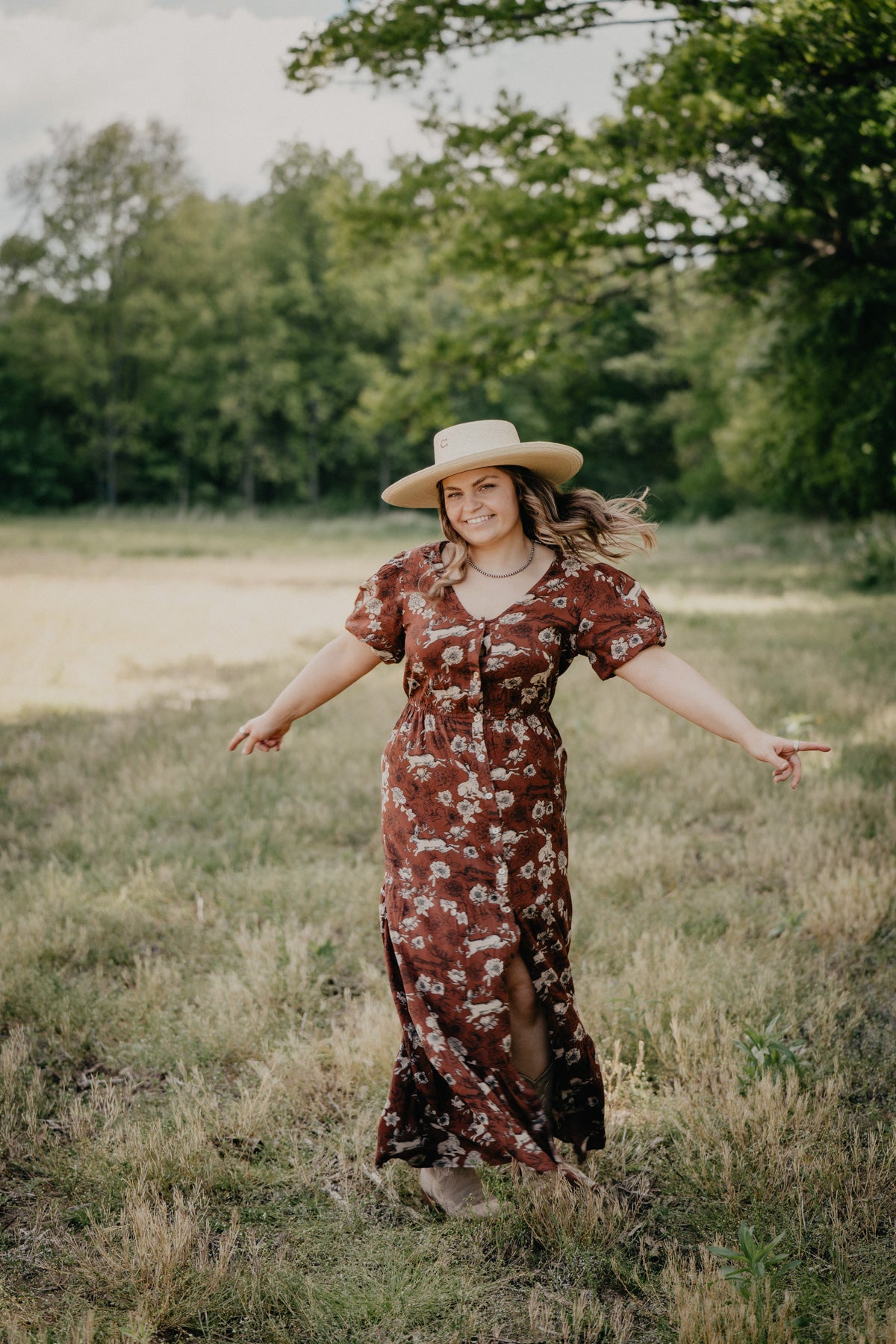 'Lennon' Jackalope & Floral Printed Rust Maxi Dress (S-XL)