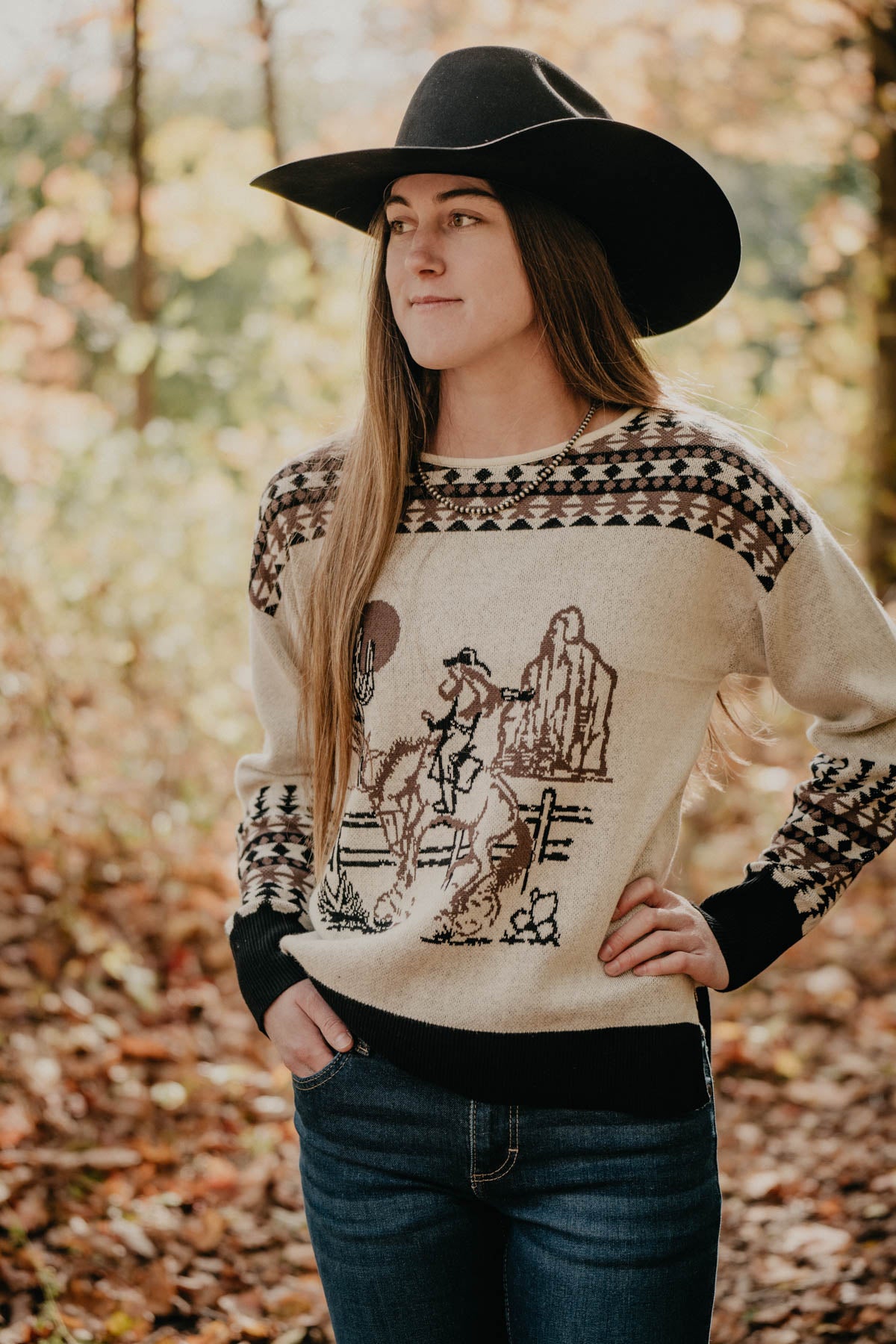 'Three Bars' Vintage Cowgirl Black & Ivory Sweater (S - XXL)