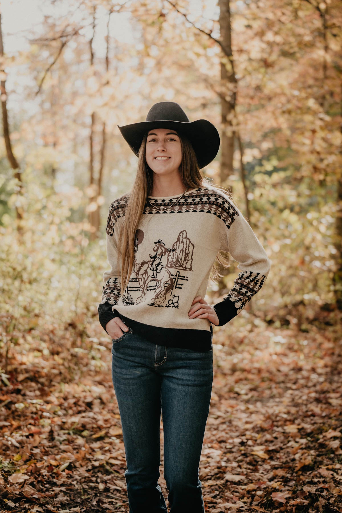 'Three Bars' Vintage Cowgirl Black & Ivory Sweater (S - XXL)