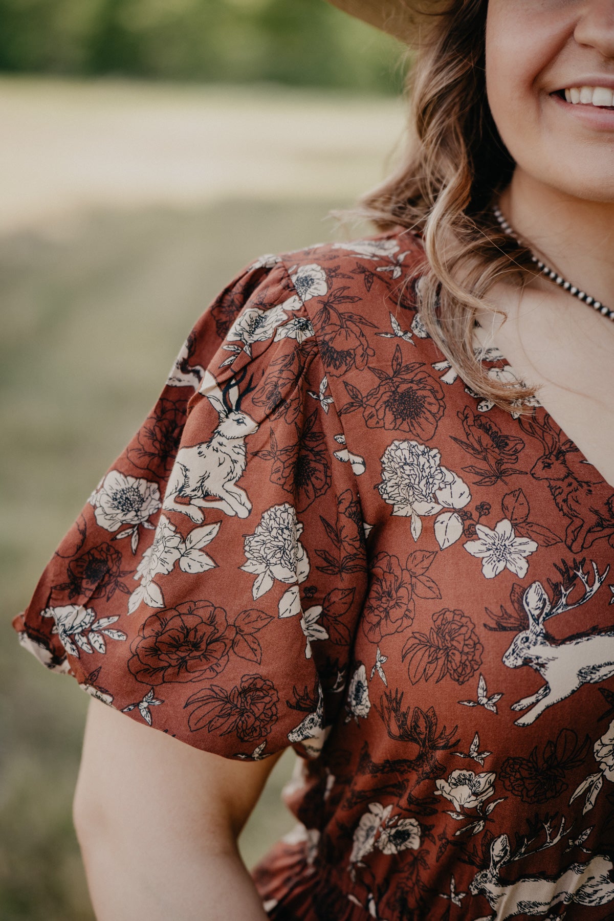 'Lennon' Jackalope & Floral Printed Rust Maxi Dress (S-XL)