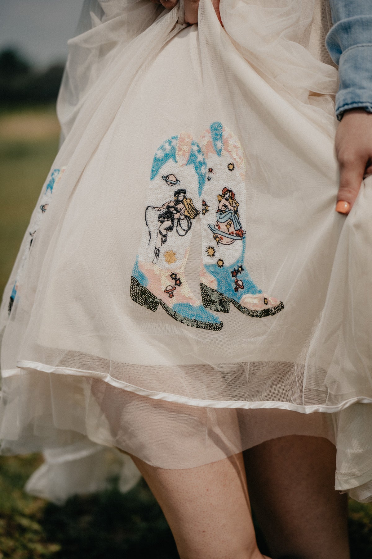 'Gaia' Cream Tulle Maxi Skirt with Sequin Boot Detail (S - L)