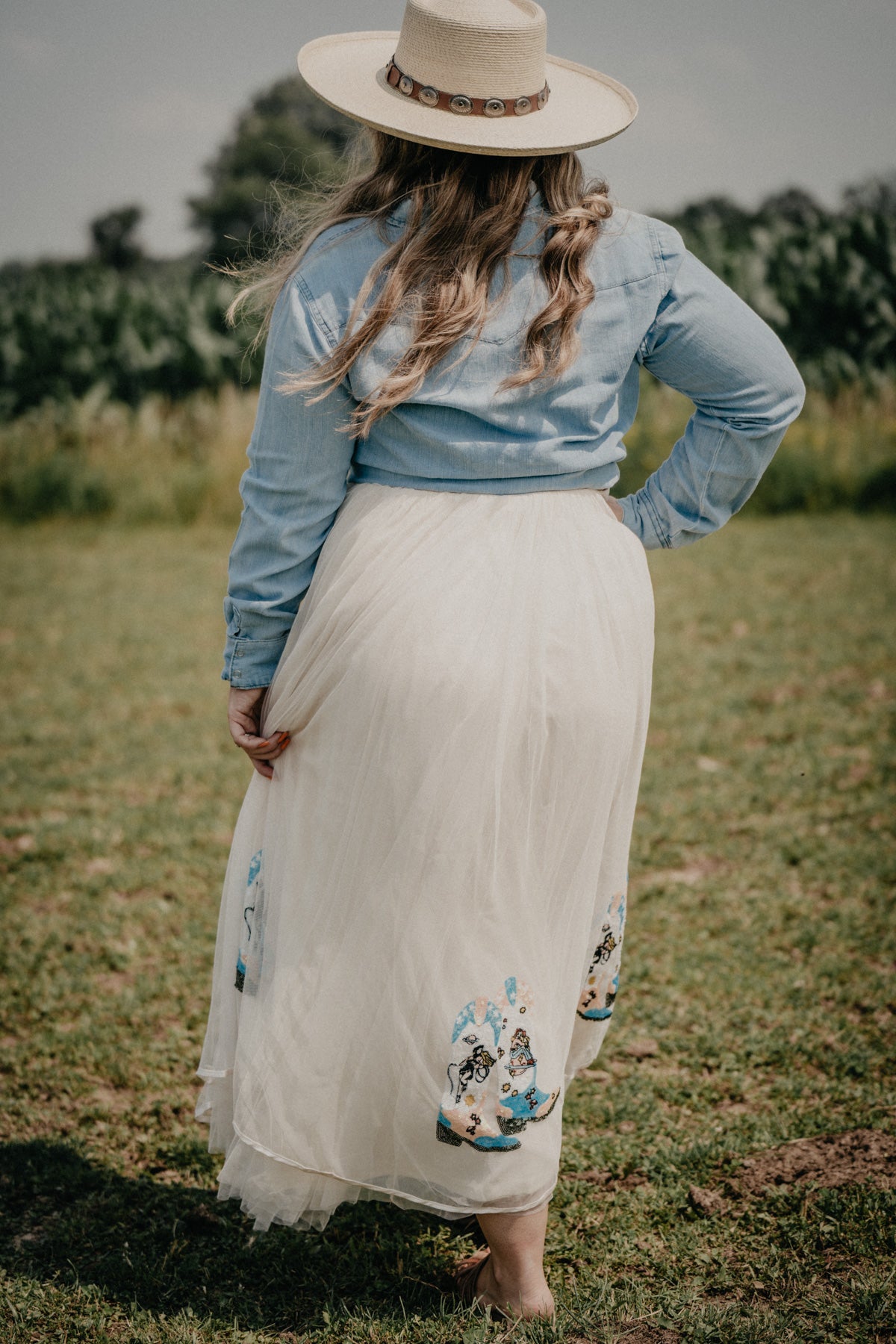 'Gaia' Cream Tulle Maxi Skirt with Sequin Boot Detail (S - L)