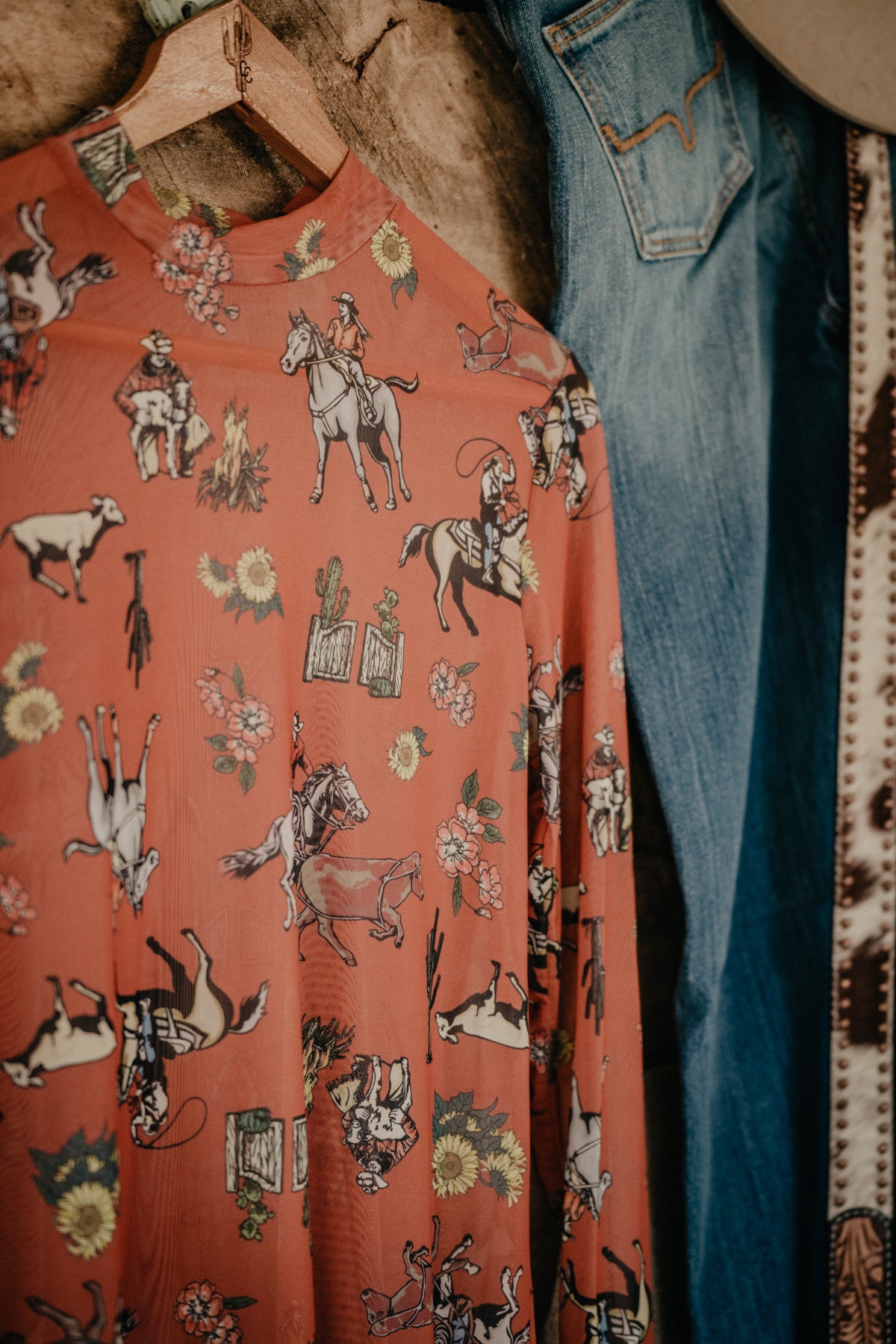 'Rylee' Cowboys and Sunflowers Print Relaxed Mesh Long Sleeve (S-XL)