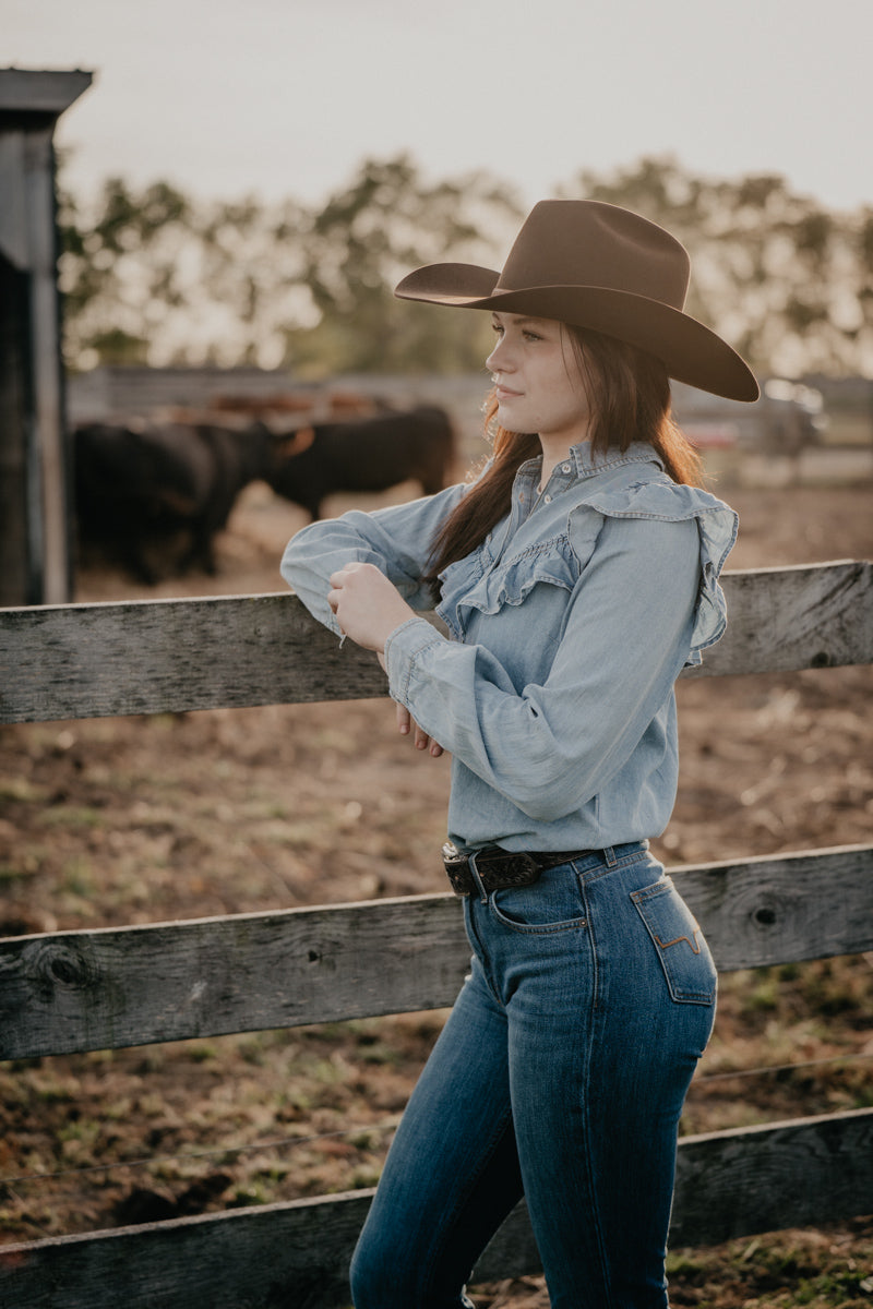 'Tessa' Denim Ruffle Button Down (S-L)