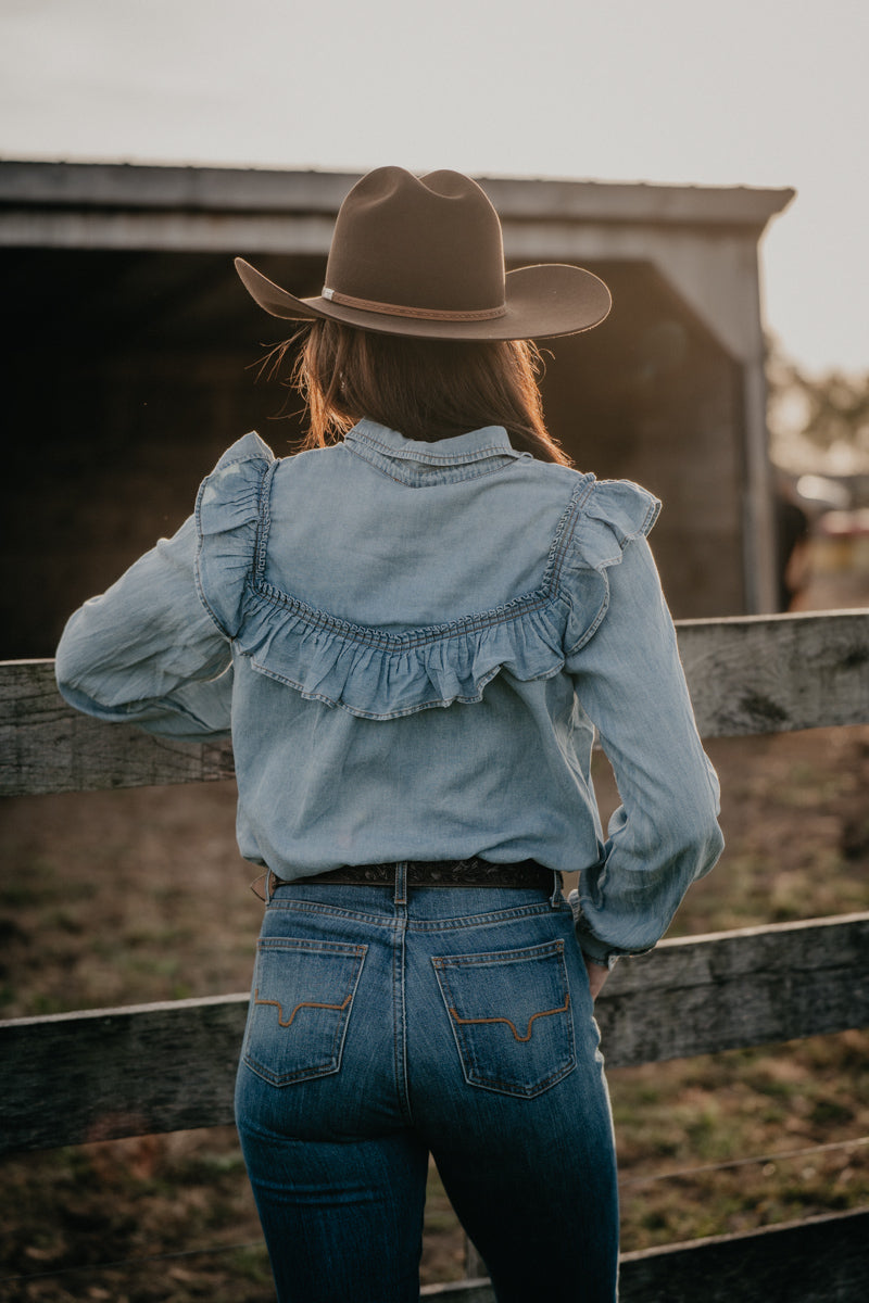 'Tessa' Denim Ruffle Button Down (S-L)