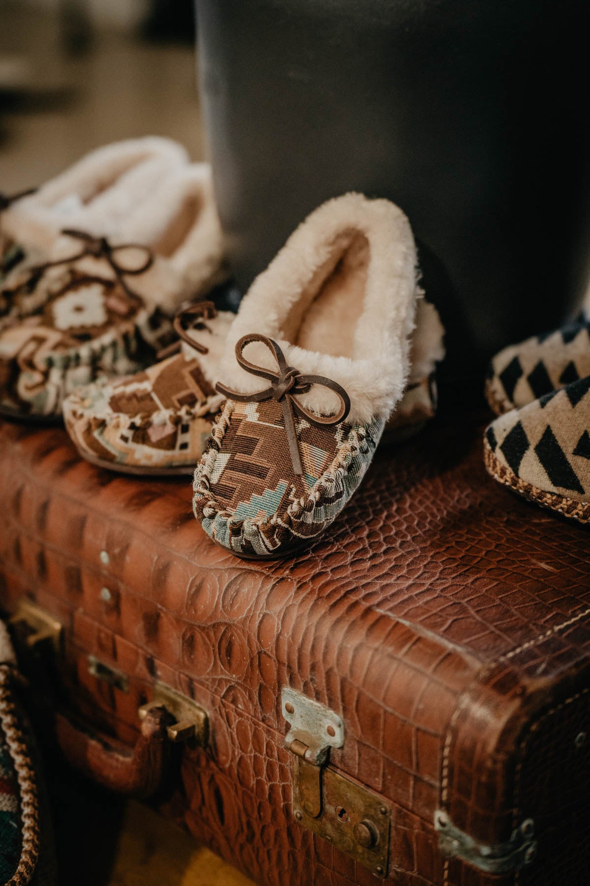 Youth Teal & Tan Aztec Moccasin Slipper with Faux Fur Trim (1 S ONLY)