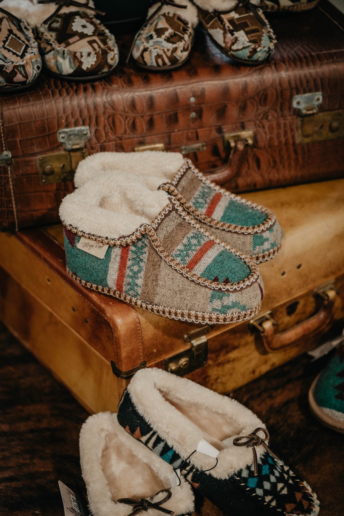 Ladies Teal & Tan Aztec Slipper Bootie
