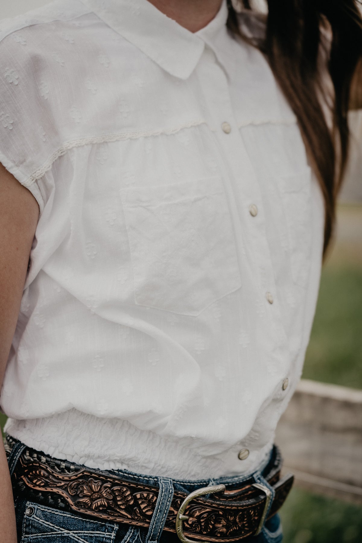 'Camden' White Smocked Short Sleeve Blouse by Wrangler (1 XXL Only)