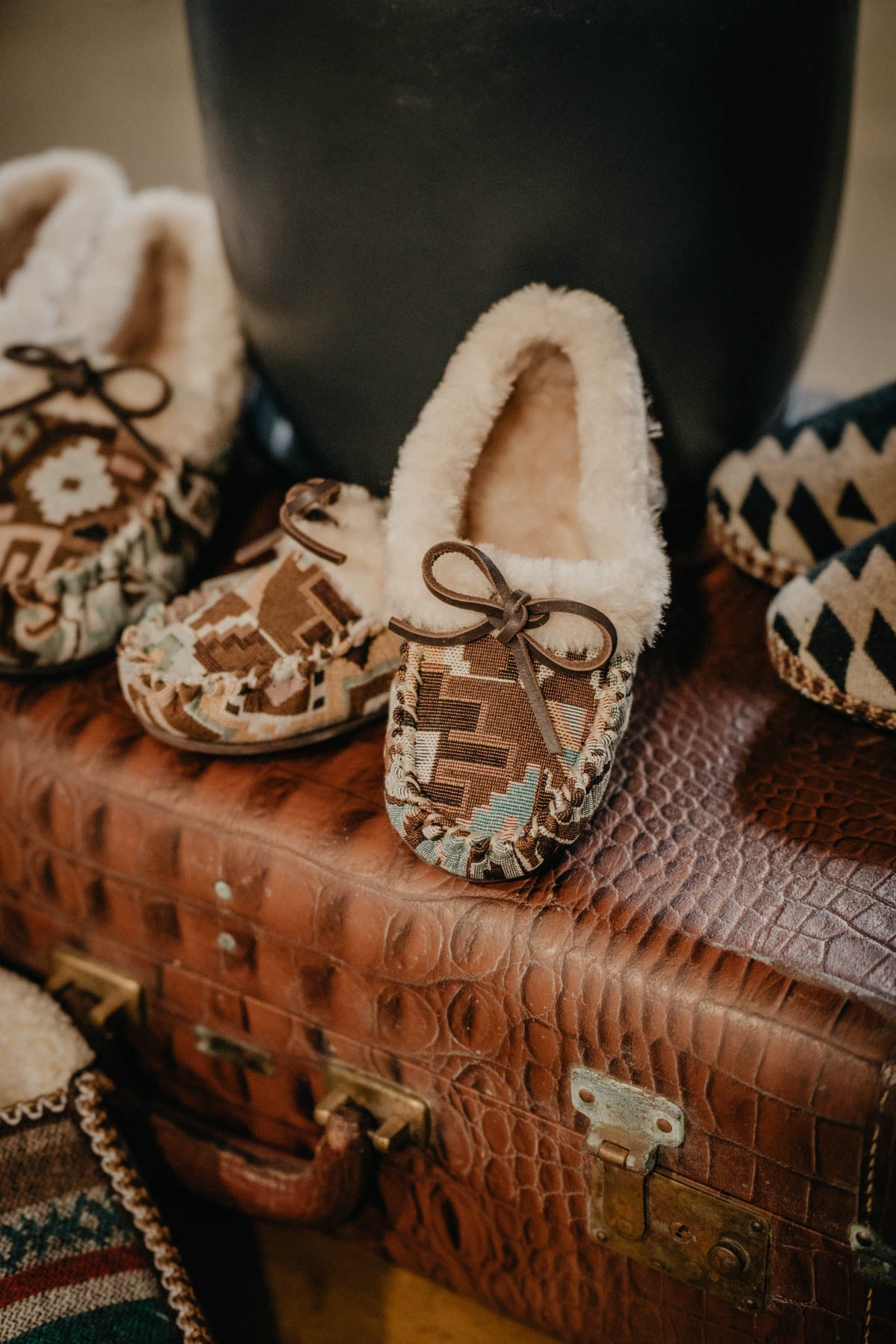 Youth Teal & Tan Aztec Moccasin Slipper with Faux Fur Trim (1 S ONLY)