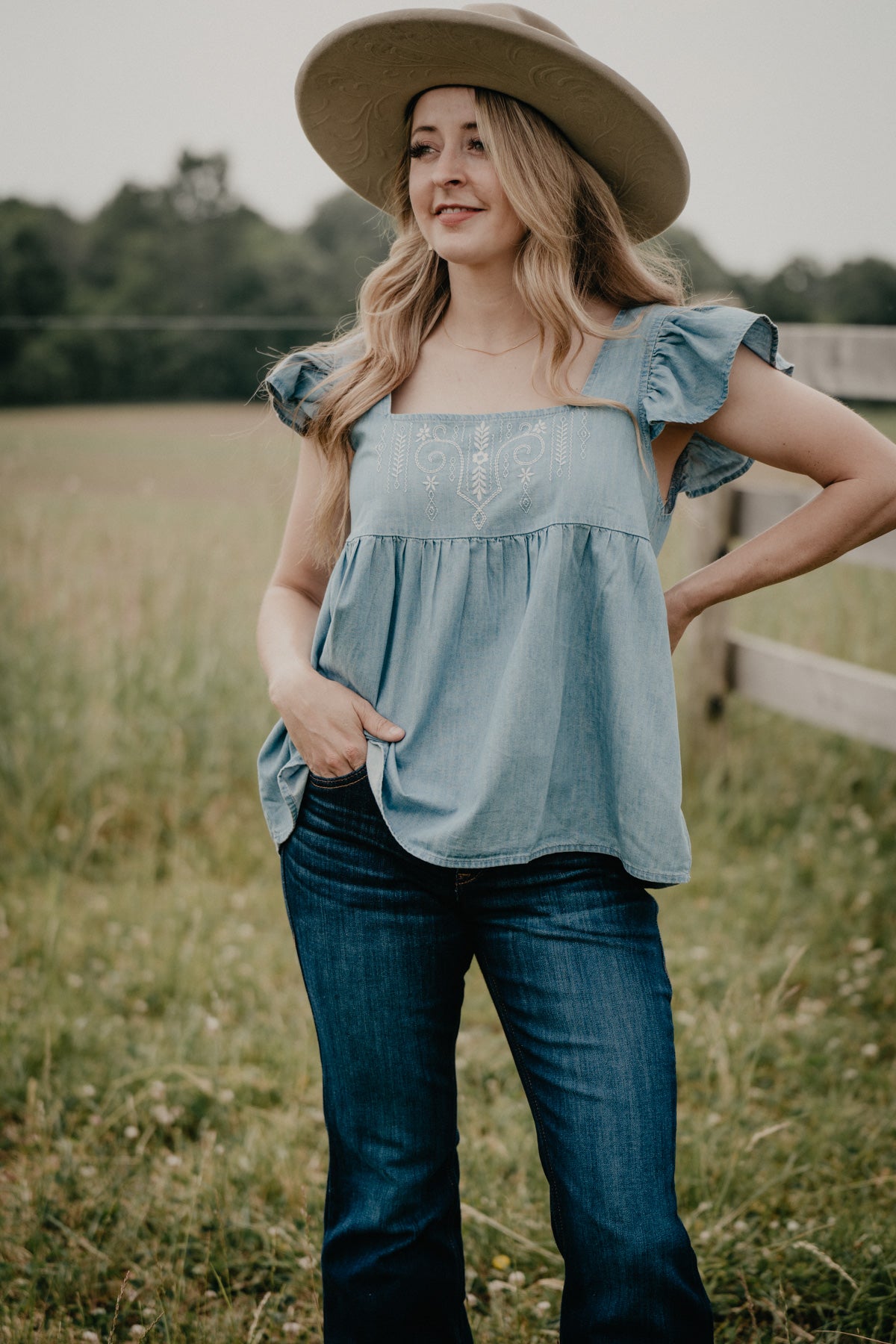 'Rowan' Women's Denim Square Neck Embroidered Babydoll Top by Wrangler (S - XXL)
