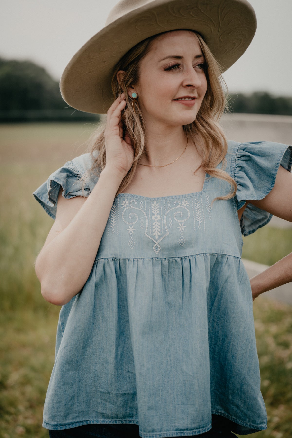 'Rowan' Women's Denim Square Neck Embroidered Babydoll Top by Wrangler (S - XXL)