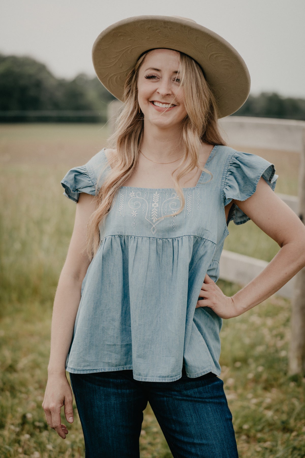 'Rowan' Women's Denim Square Neck Embroidered Babydoll Top by Wrangler (S - XXL)