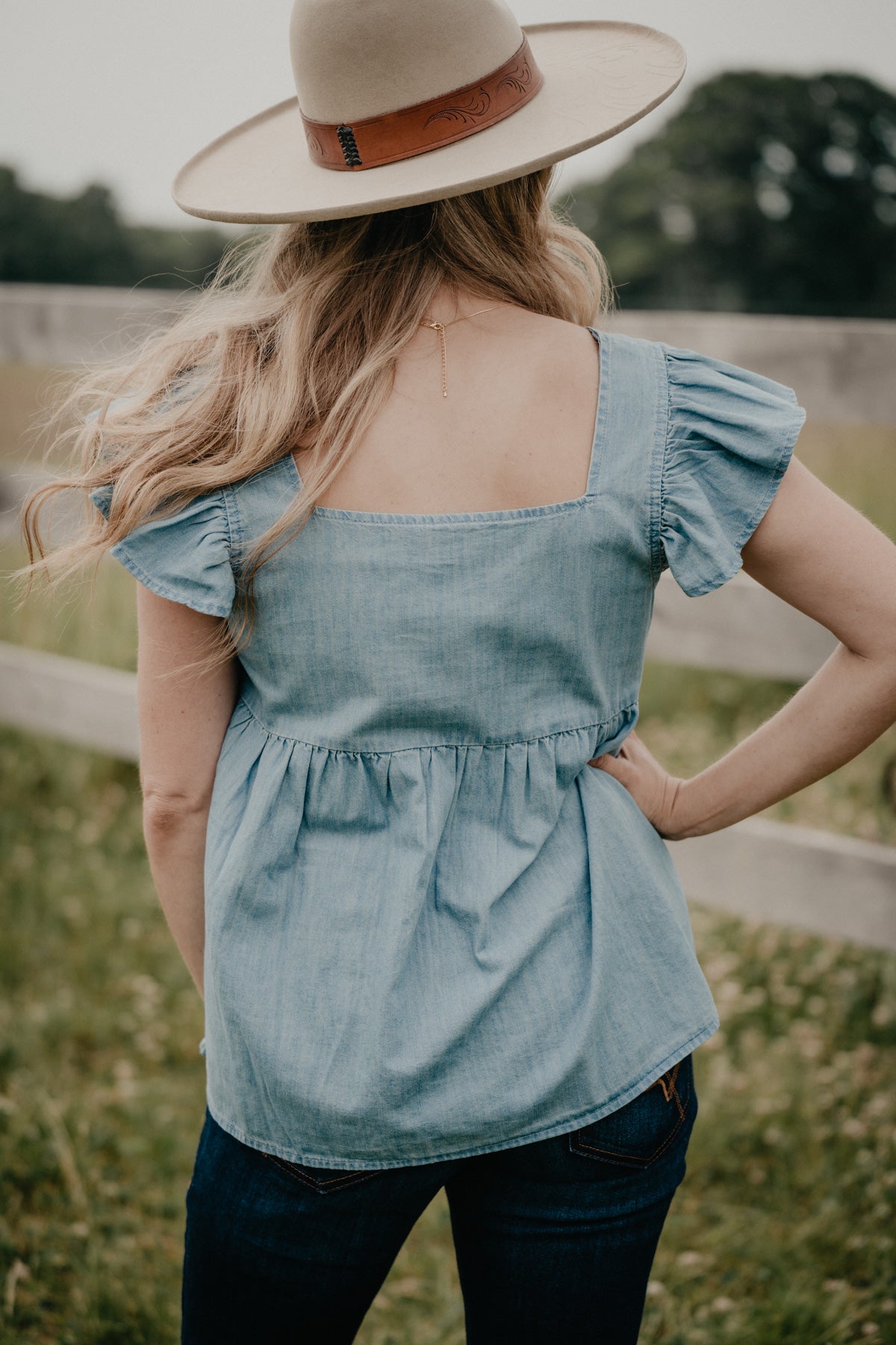 'Rowan' Women's Denim Square Neck Embroidered Babydoll Top by Wrangler (S - XXL)