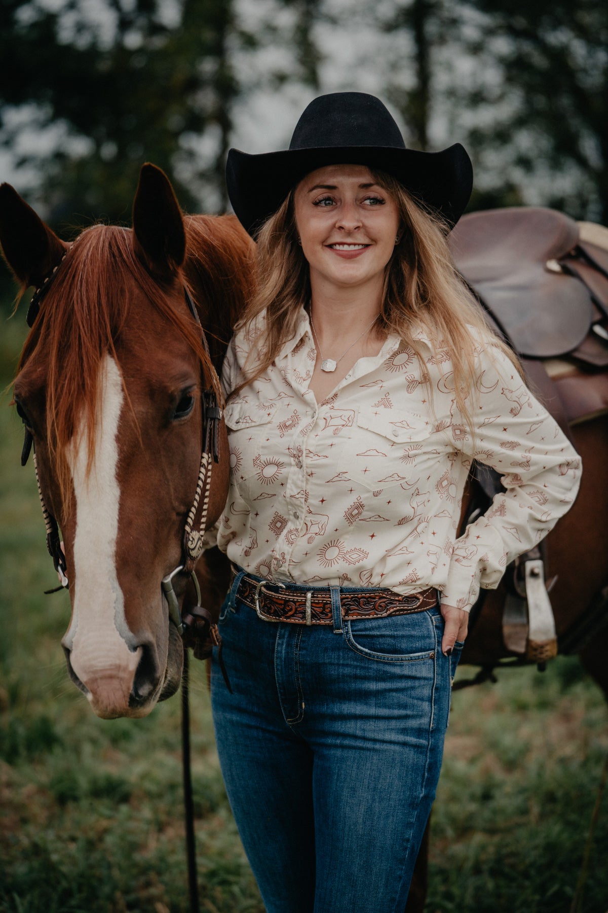 'Luna' Western Toile Long Sleeve Pearl Snap (3 M Only)