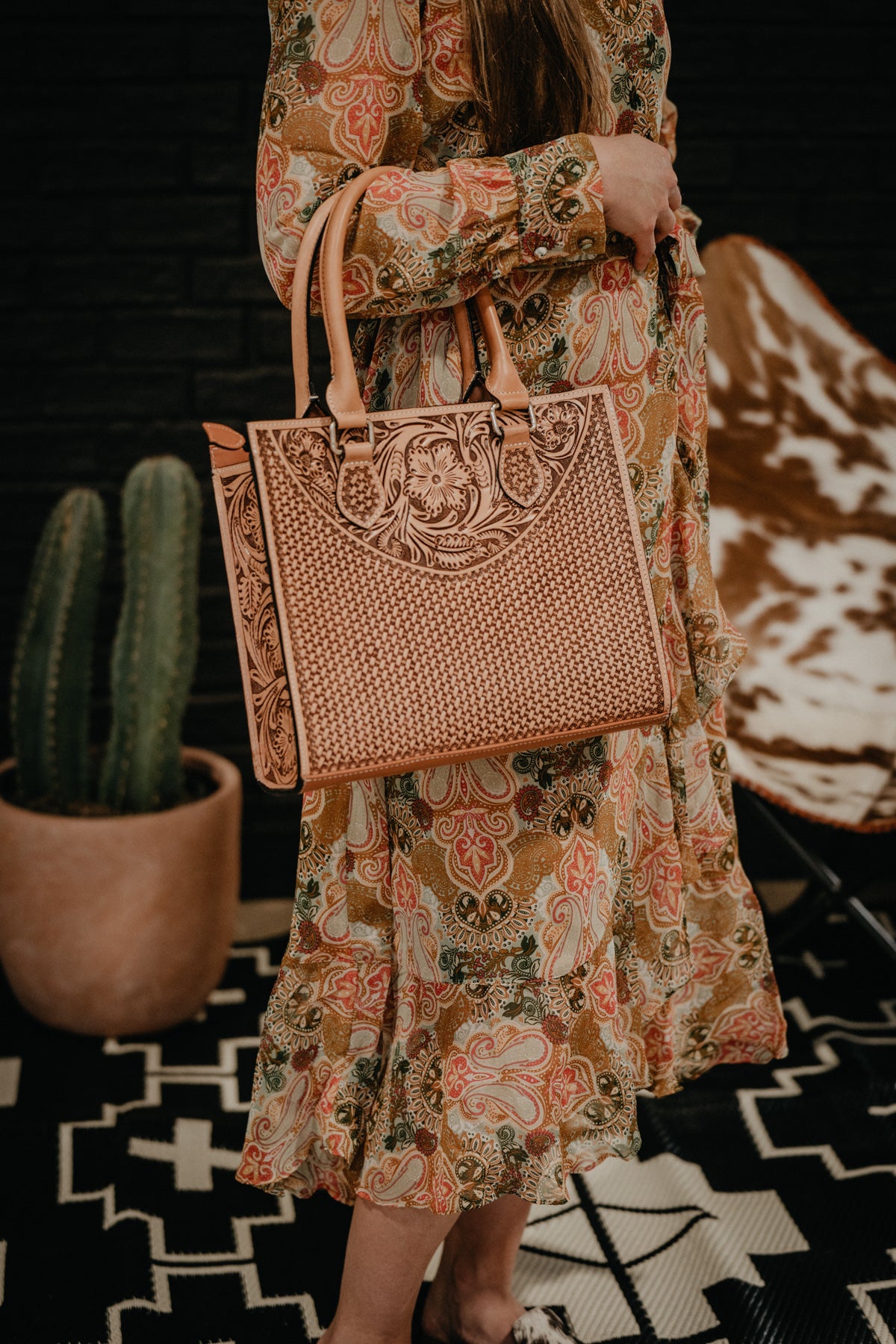 Full Floral Carved Tote Hand Bag