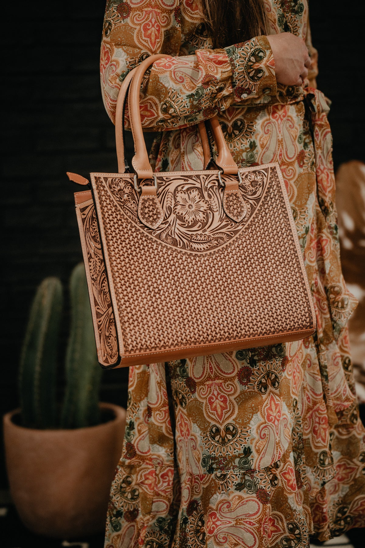 Full Floral Carved Tote Hand Bag