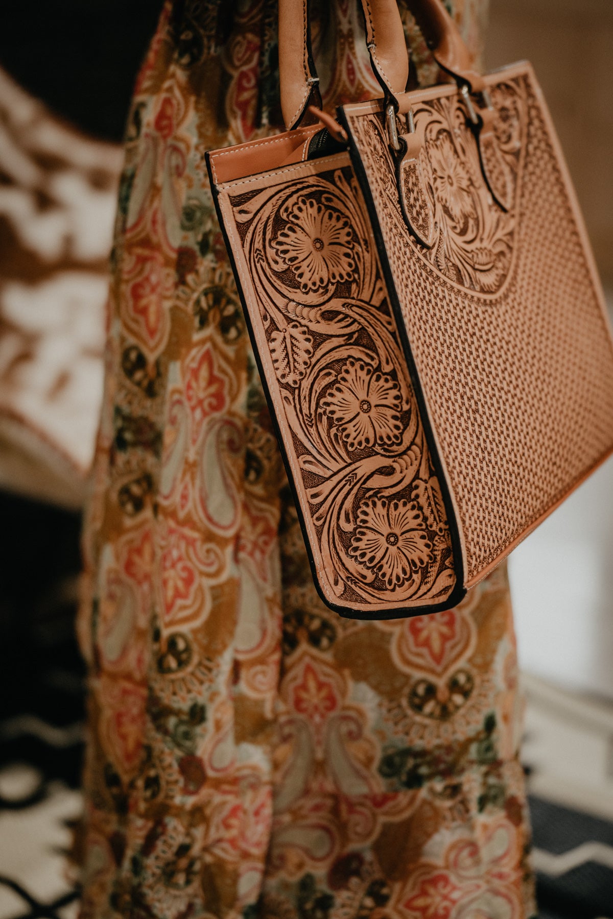 Full Floral Carved Tote Hand Bag