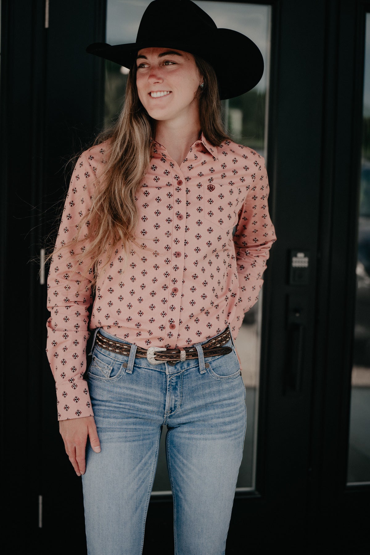 'Shale' Women's Ariat Mauve with Maroon Geometric Print Kirby Shirt (XS - XXL)