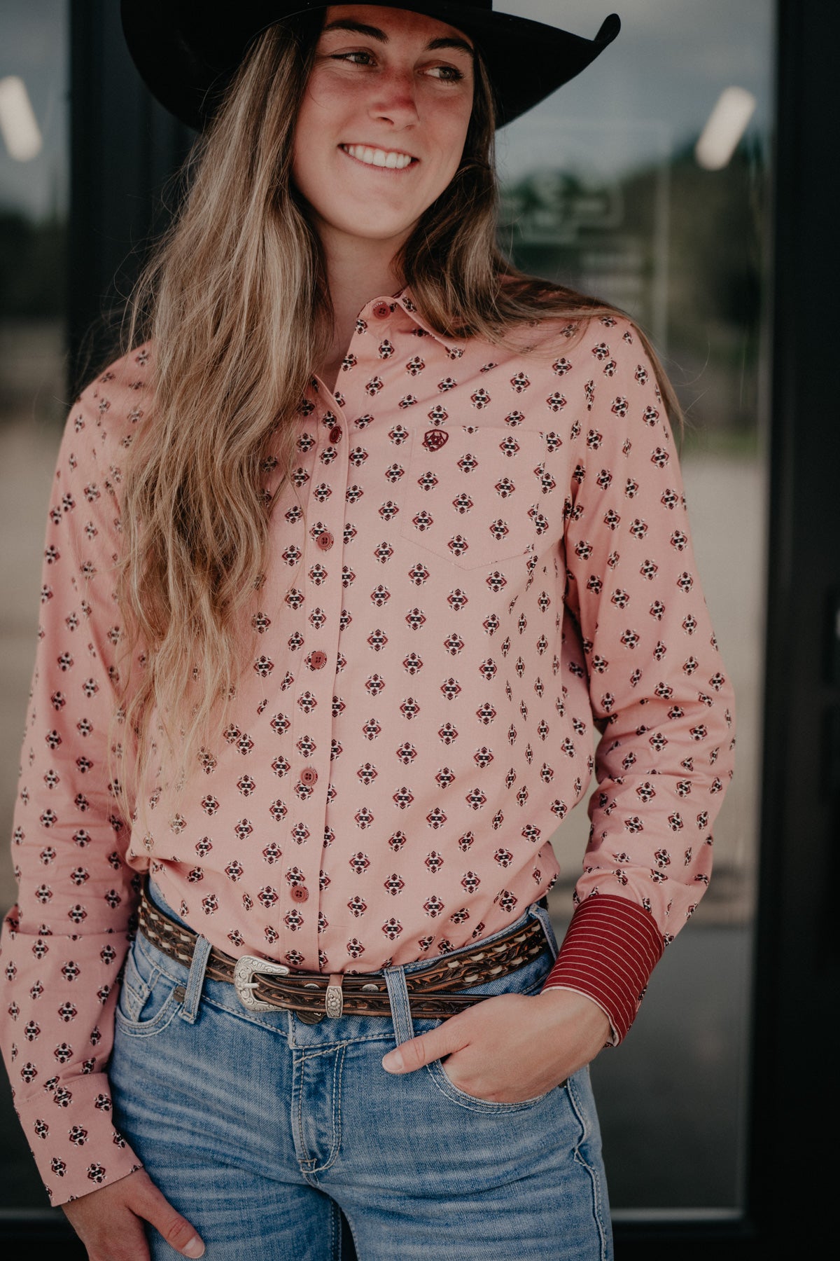 'Shale' Women's Ariat Mauve with Maroon Geometric Print Kirby Shirt (XS - XXL)