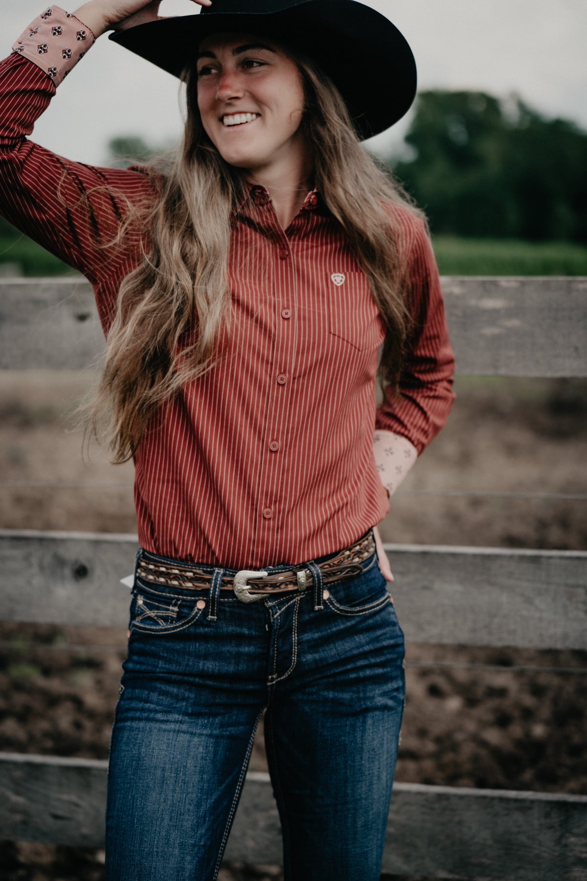 'Cayenne' Women's Ariat Fired Brick Pin Stripe Kirby Shirt (XS - XXL)