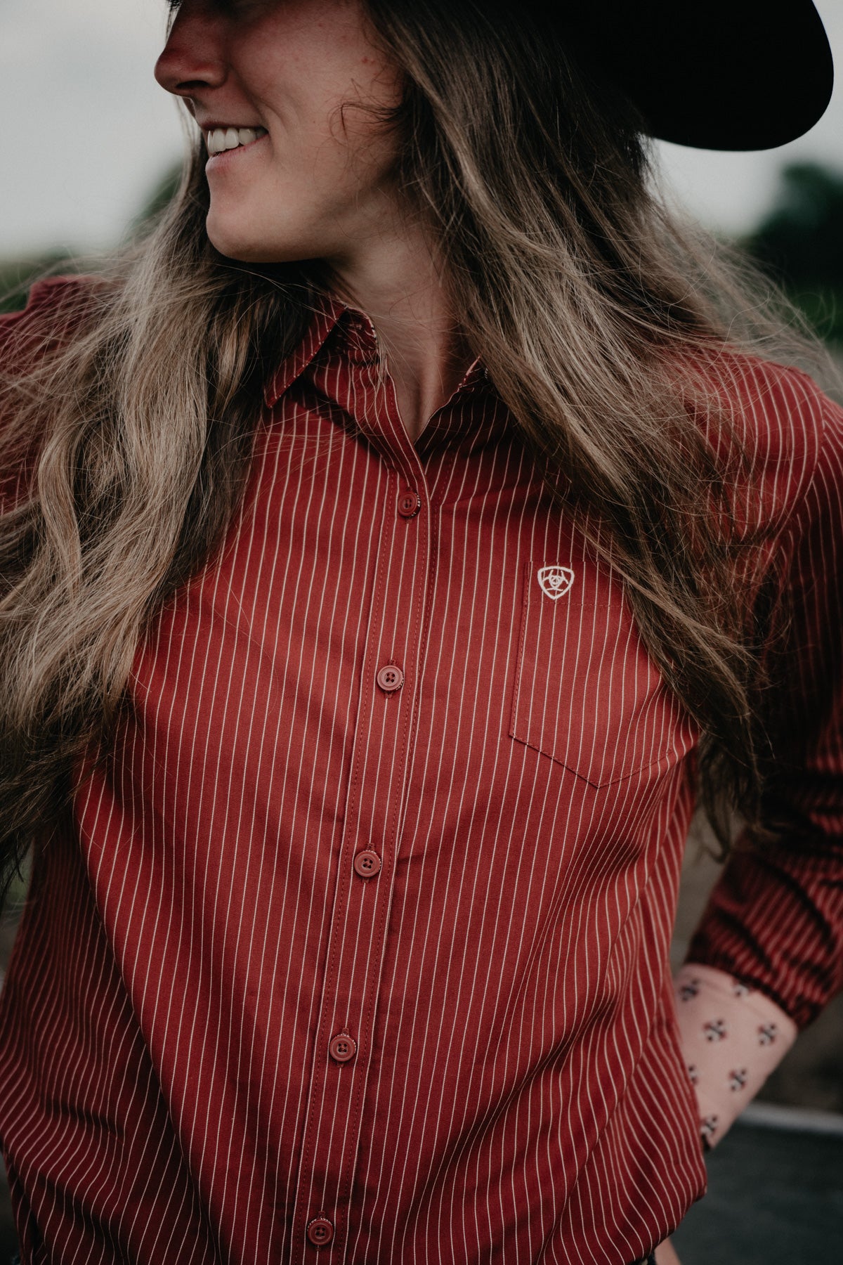 'Cayenne' Women's Ariat Fired Brick Pin Stripe Kirby Shirt (XS - XXL)
