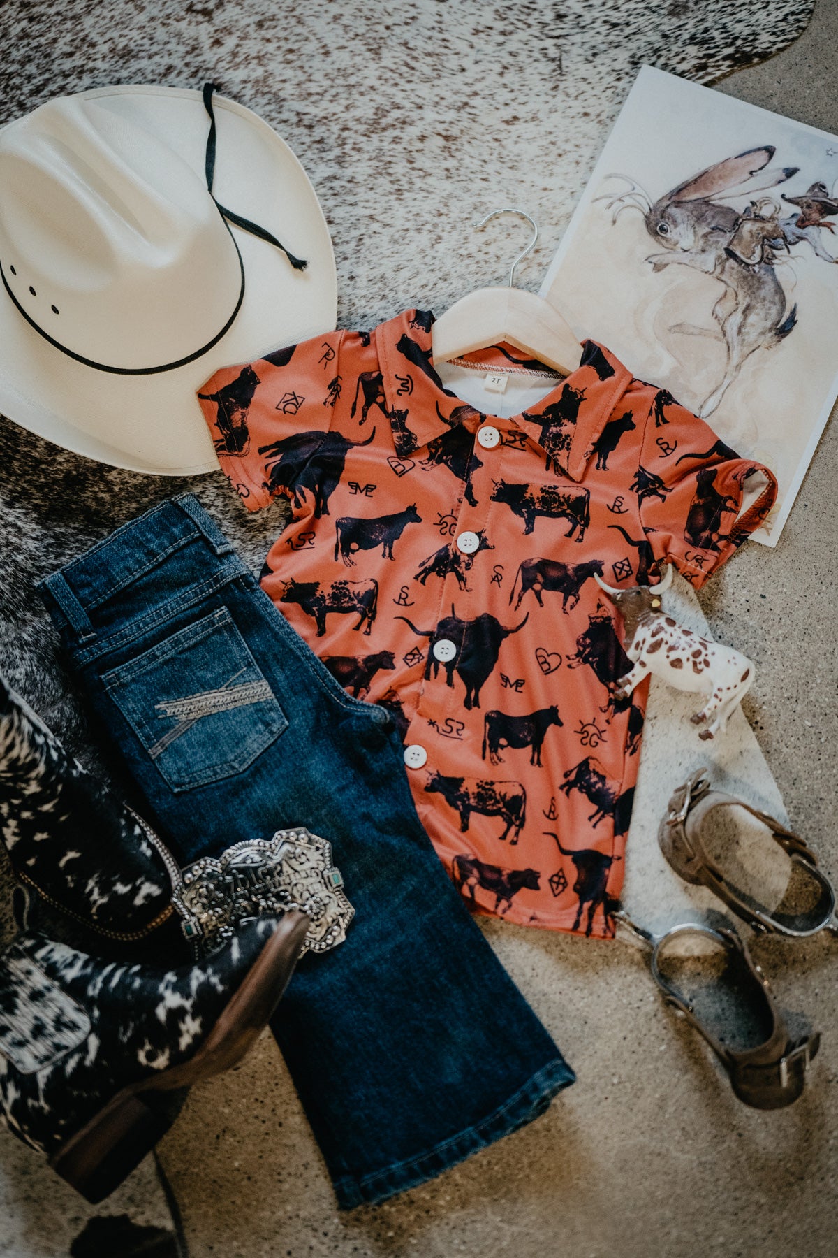 Orange Brand Print Collared Short Sleeve Shirt with Black Shorts (3-6M to 8/9T)