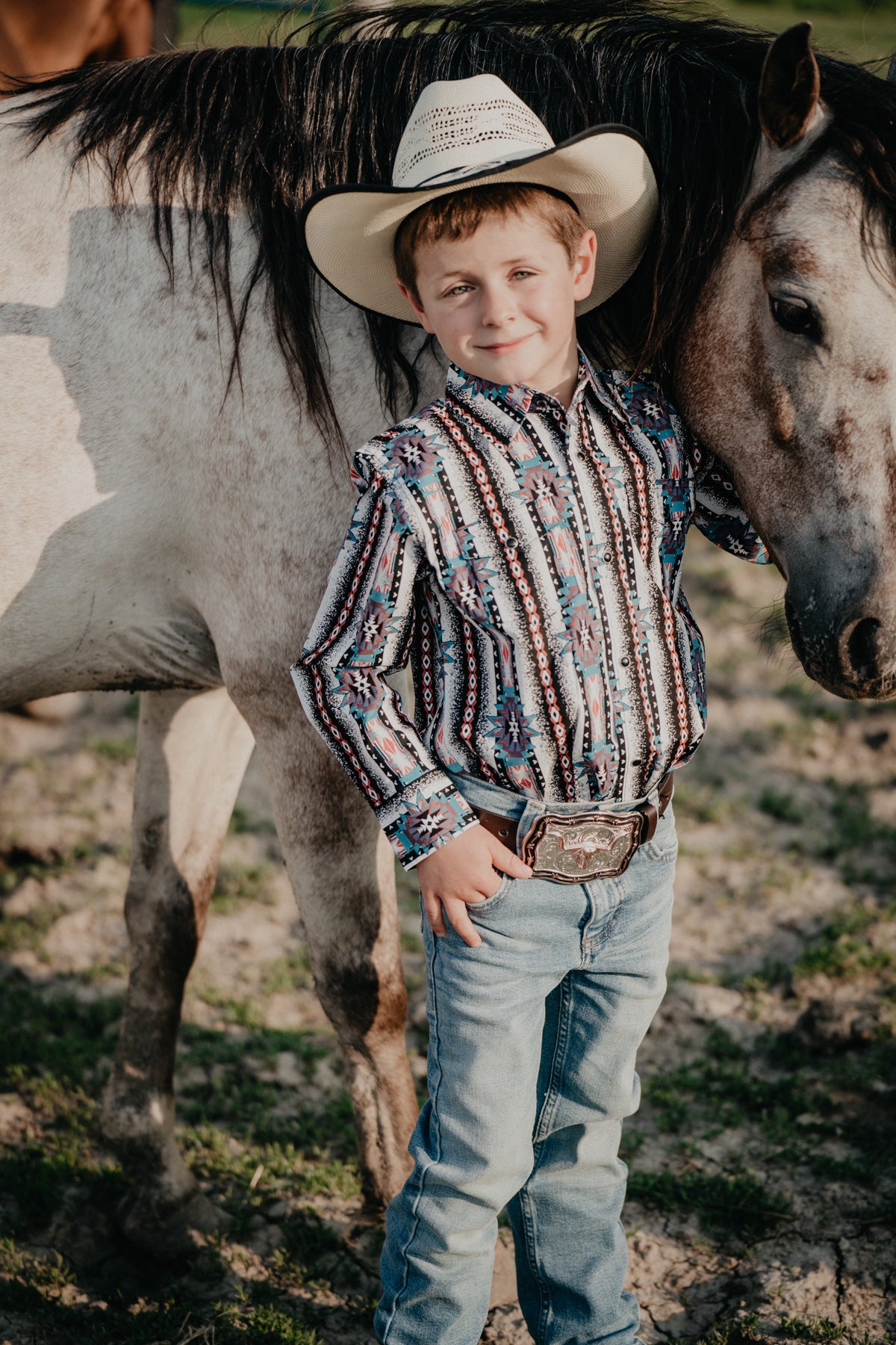 Boy's Wrangler 'Checotah' Retro Print Long Sleeve Pearl Snap Western Shirt (0/2 to 10/12)