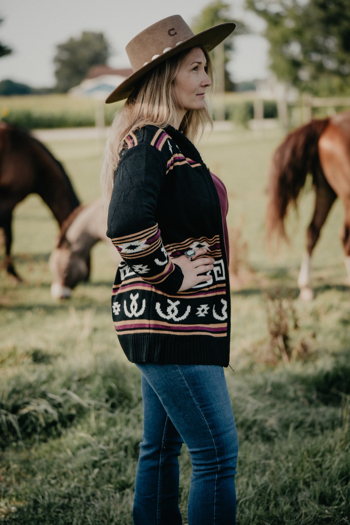 'Dacotah' Women's Black Bucking Bronc Cardigan (S - XXL)