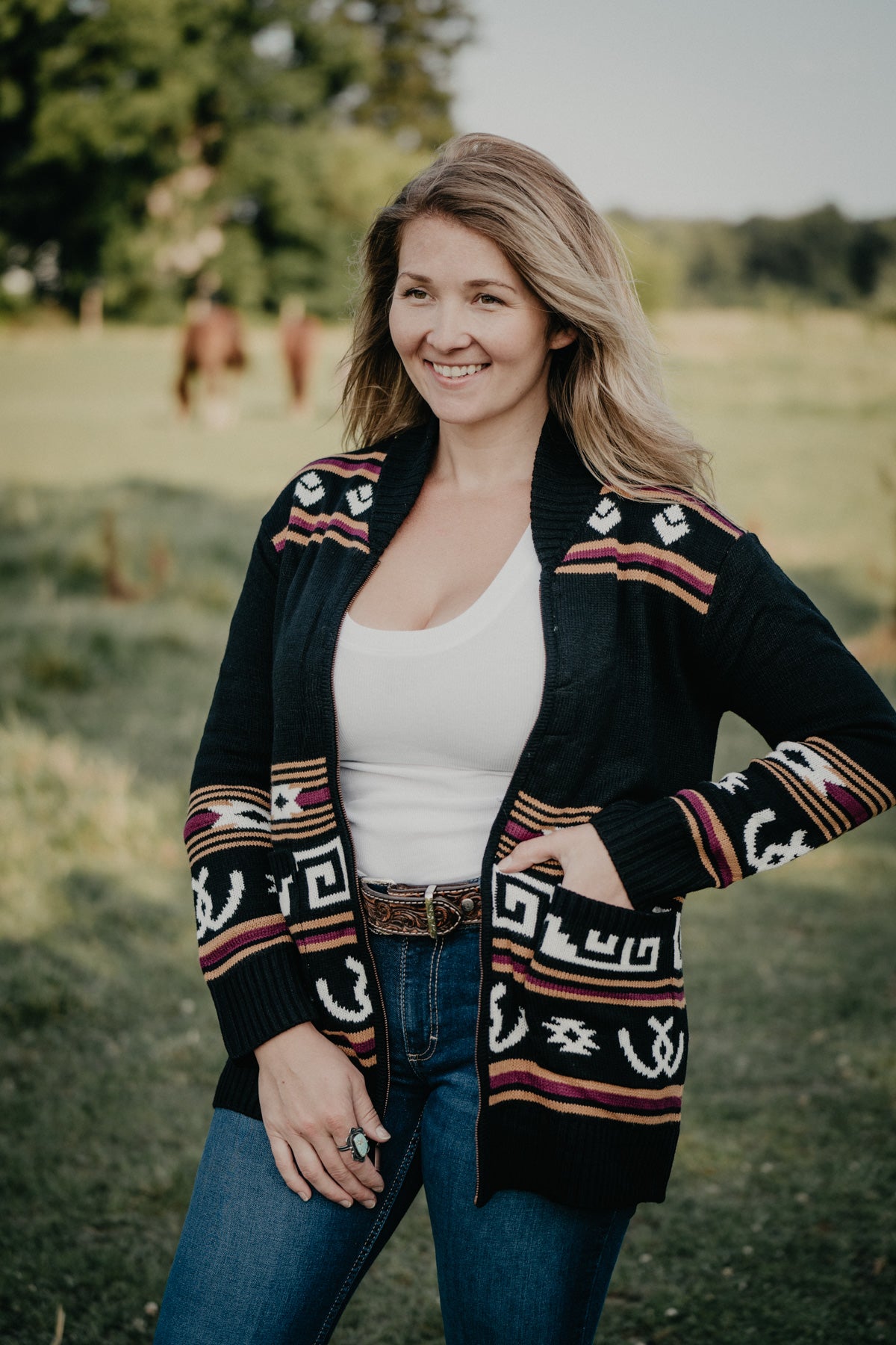 'Dacotah' Women's Black Bucking Bronc Cardigan (S - XXL)