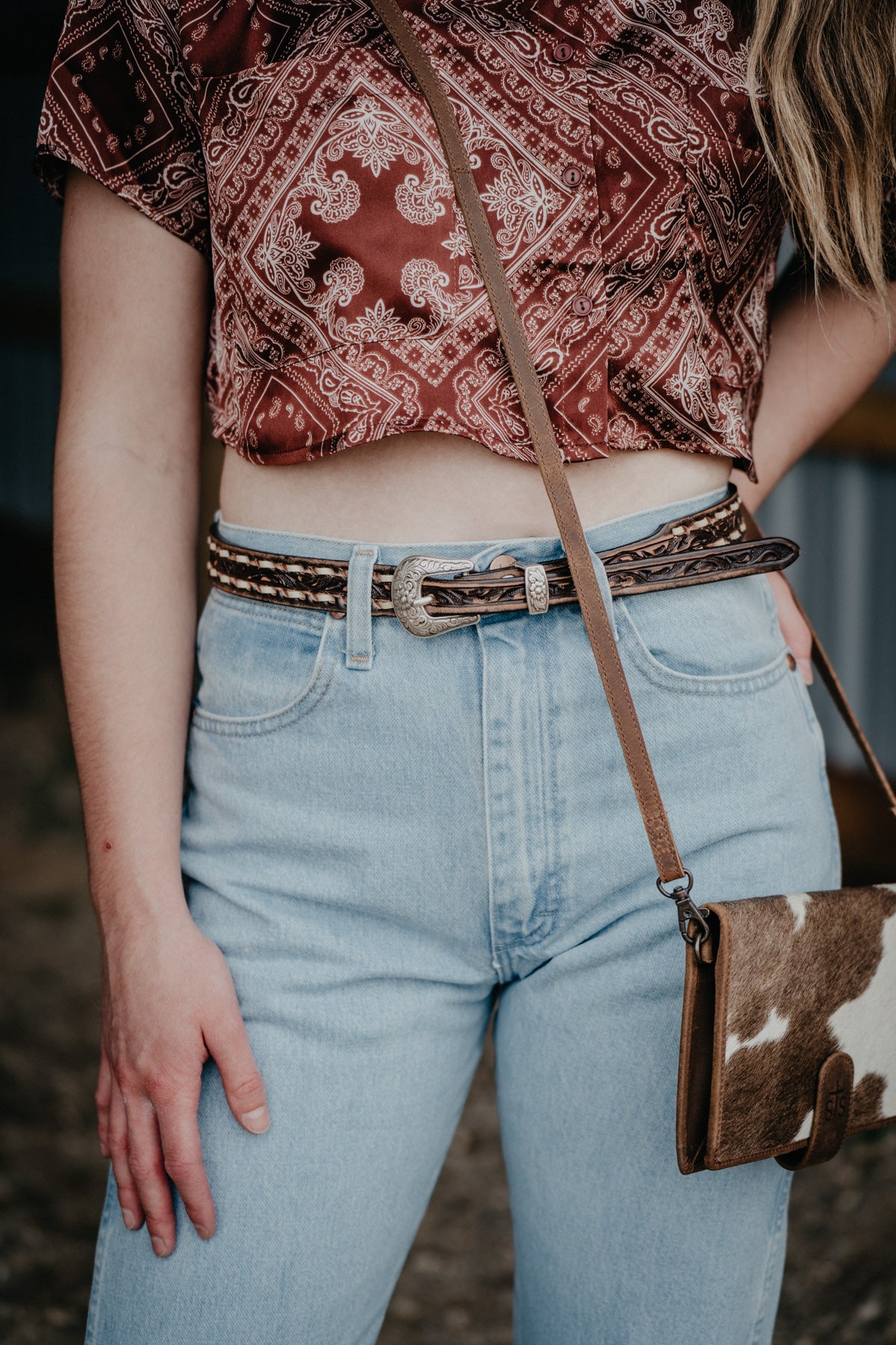 Skinny Vintage Brown Tooled Belt with Cream Buck Stitch by Double